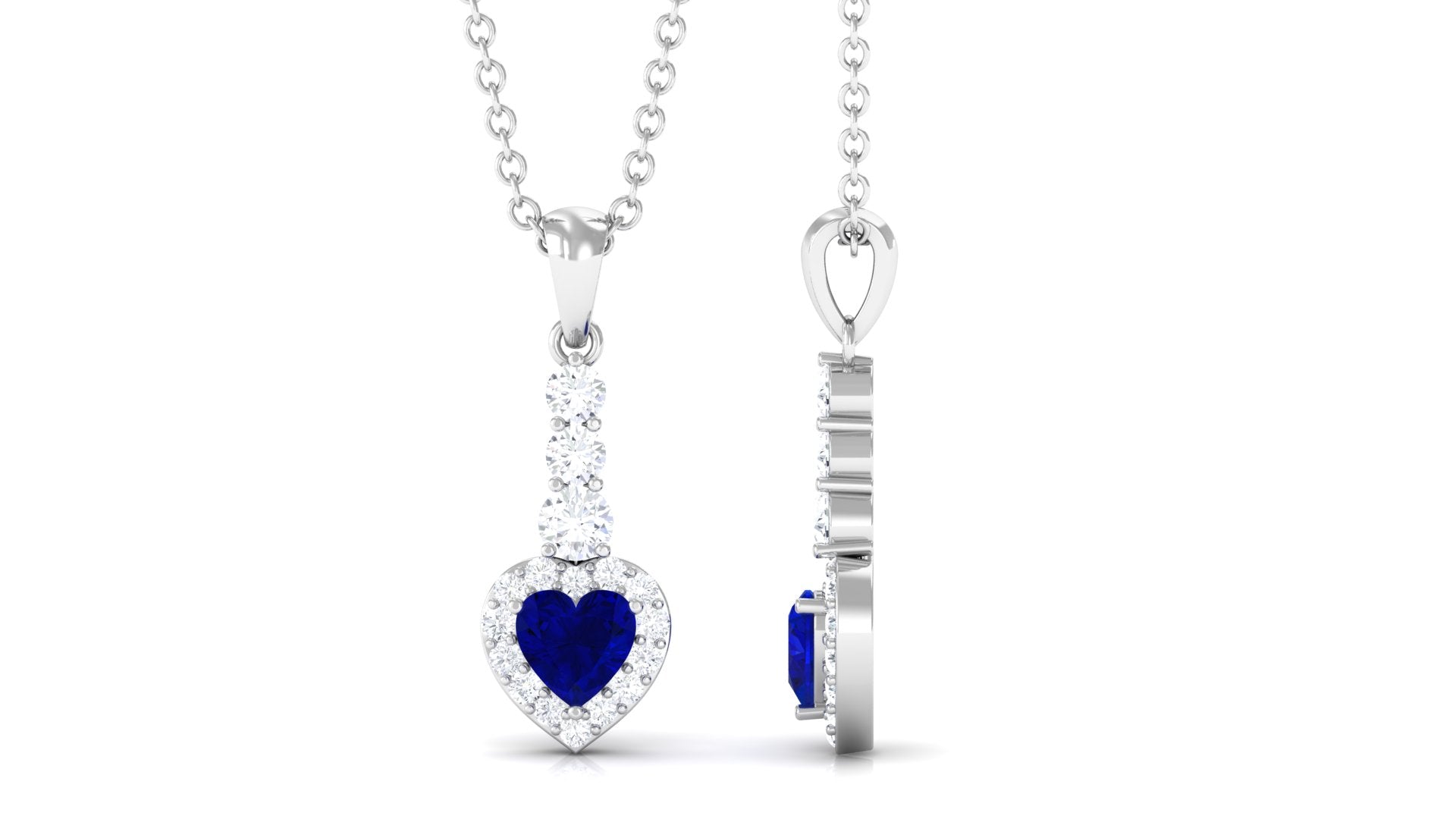 Heart Shape Created Blue Sapphire Drop Pendant Necklace with Diamond Lab Created Blue Sapphire - ( AAAA ) - Quality - Rosec Jewels