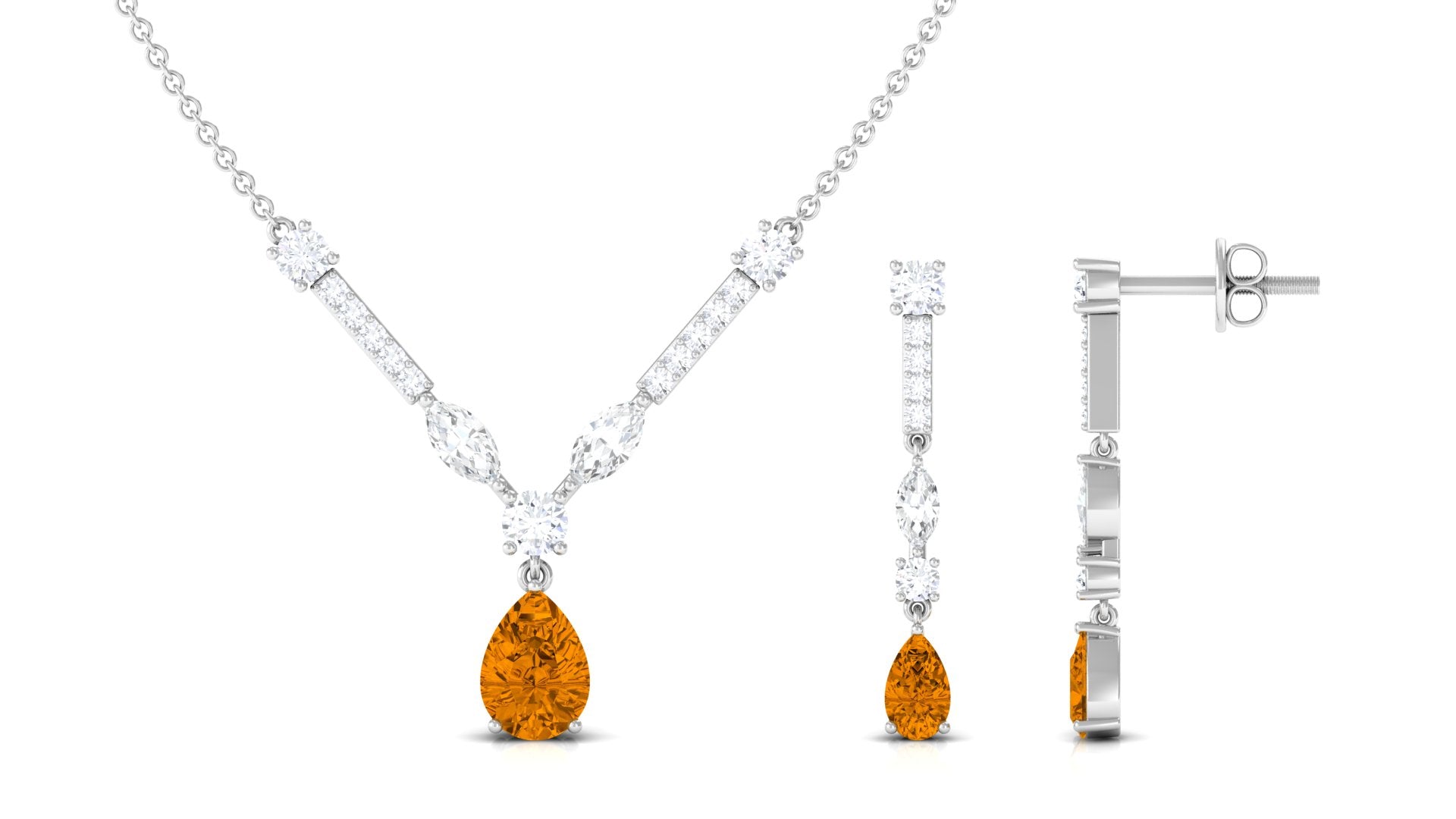 Citrine and Moissanite Drop Necklace Earrings Set Citrine - ( AAA ) - Quality - Rosec Jewels