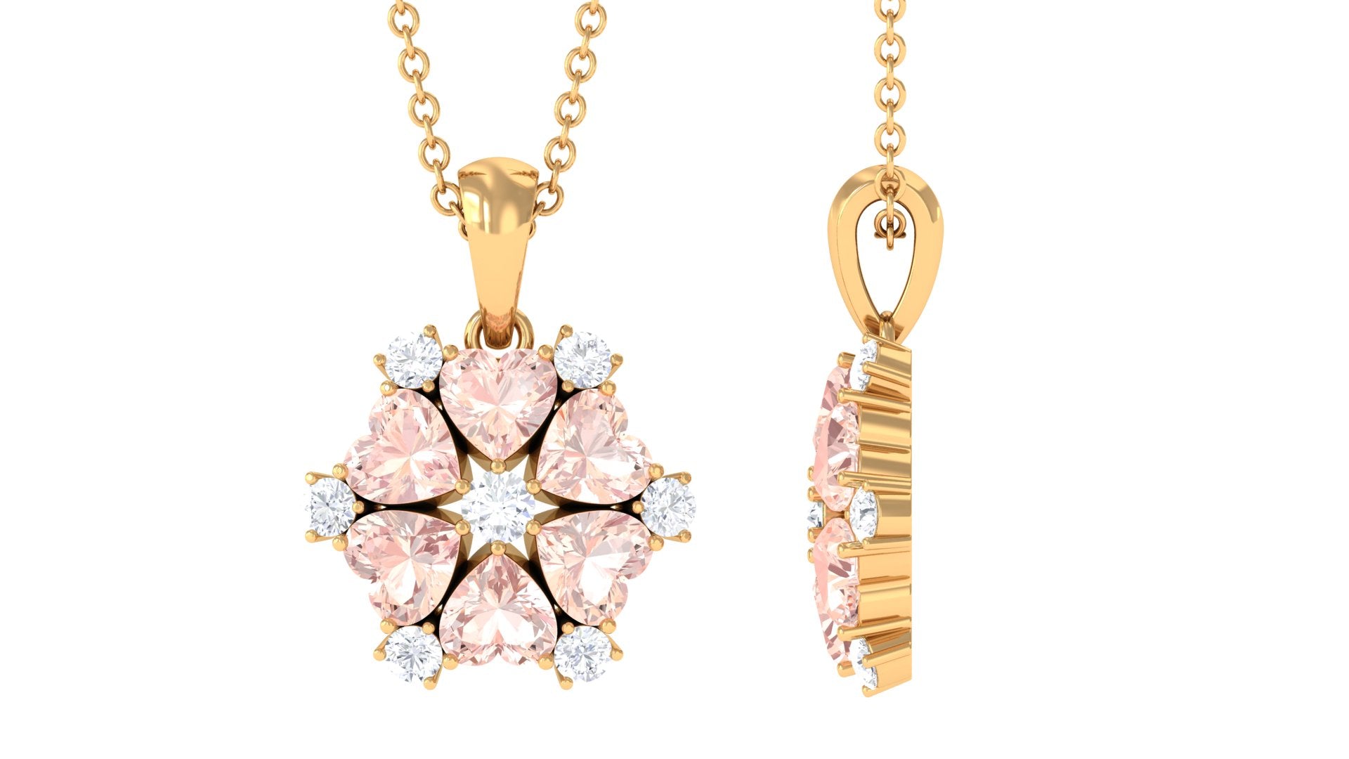 Heart Shape Morganite and Diamond Cluster Flower Pendant Morganite - ( AAA ) - Quality - Rosec Jewels