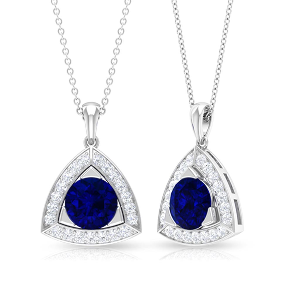Created Blue Sapphire Triangle Shape Pendant with Diamond Halo Lab Created Blue Sapphire - ( AAAA ) - Quality - Rosec Jewels