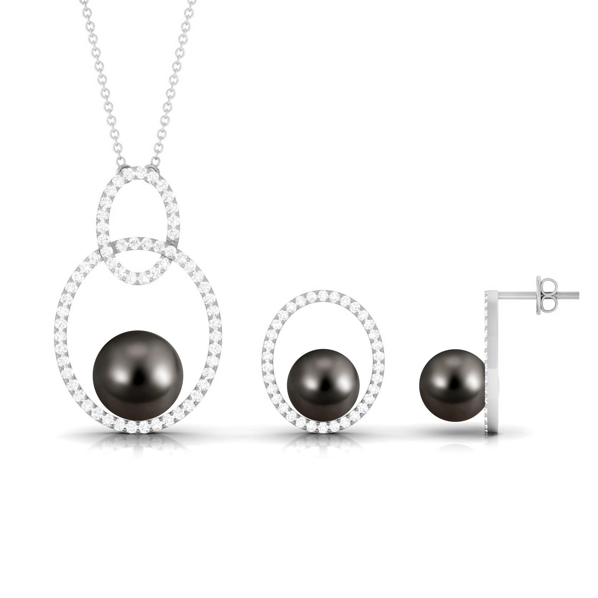 Open Oval Shape Necklace Earrings Set with Round Tahitian Pearl and Moissanite Tahitian pearl - ( AAA ) - Quality - Rosec Jewels