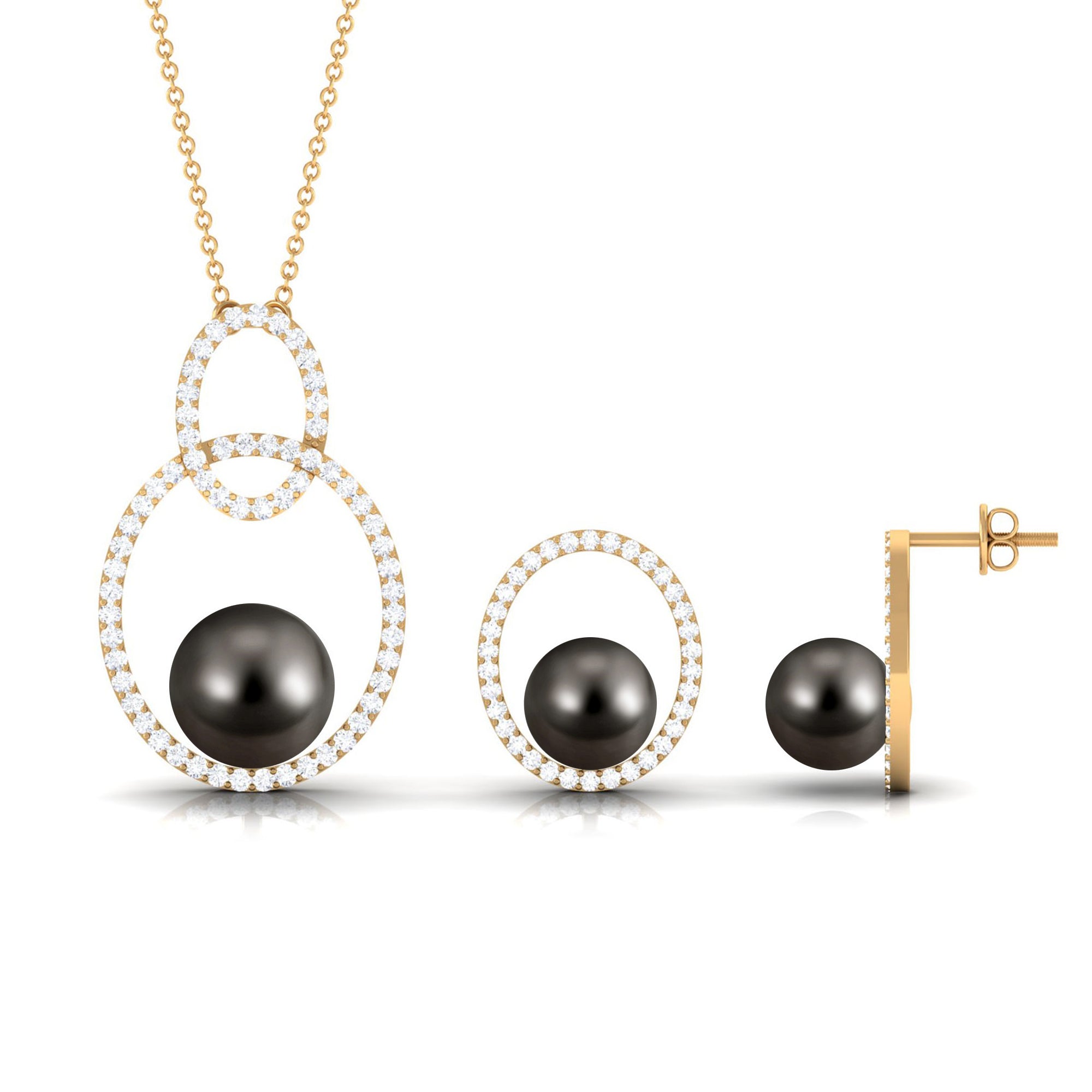 Open Oval Shape Necklace Earrings Set with Round Tahitian Pearl and Moissanite Tahitian pearl - ( AAA ) - Quality - Rosec Jewels