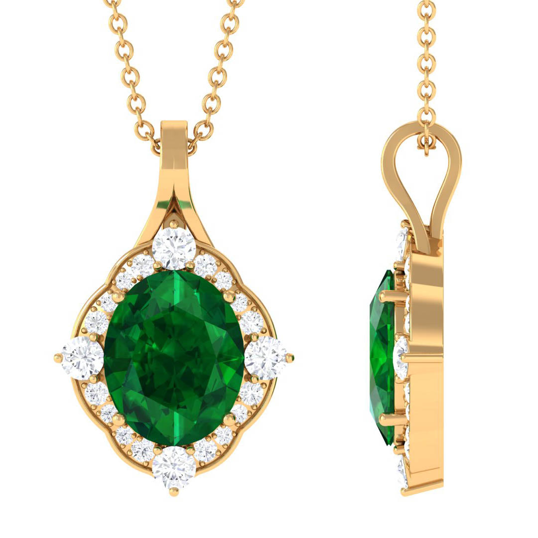 Vintage Style Oval Halo Pendant with Created Emerald and Diamond Lab Created Emerald - ( AAAA ) - Quality - Rosec Jewels