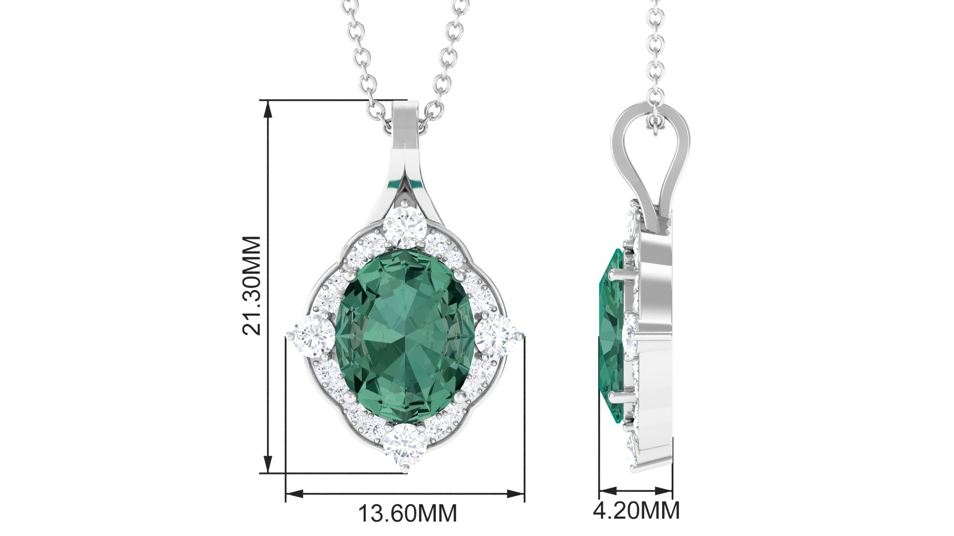 Vintage Inspired Oval Created Green Sapphire and Diamond Halo Pendant Lab Created Green Sapphire - ( AAAA ) - Quality - Rosec Jewels