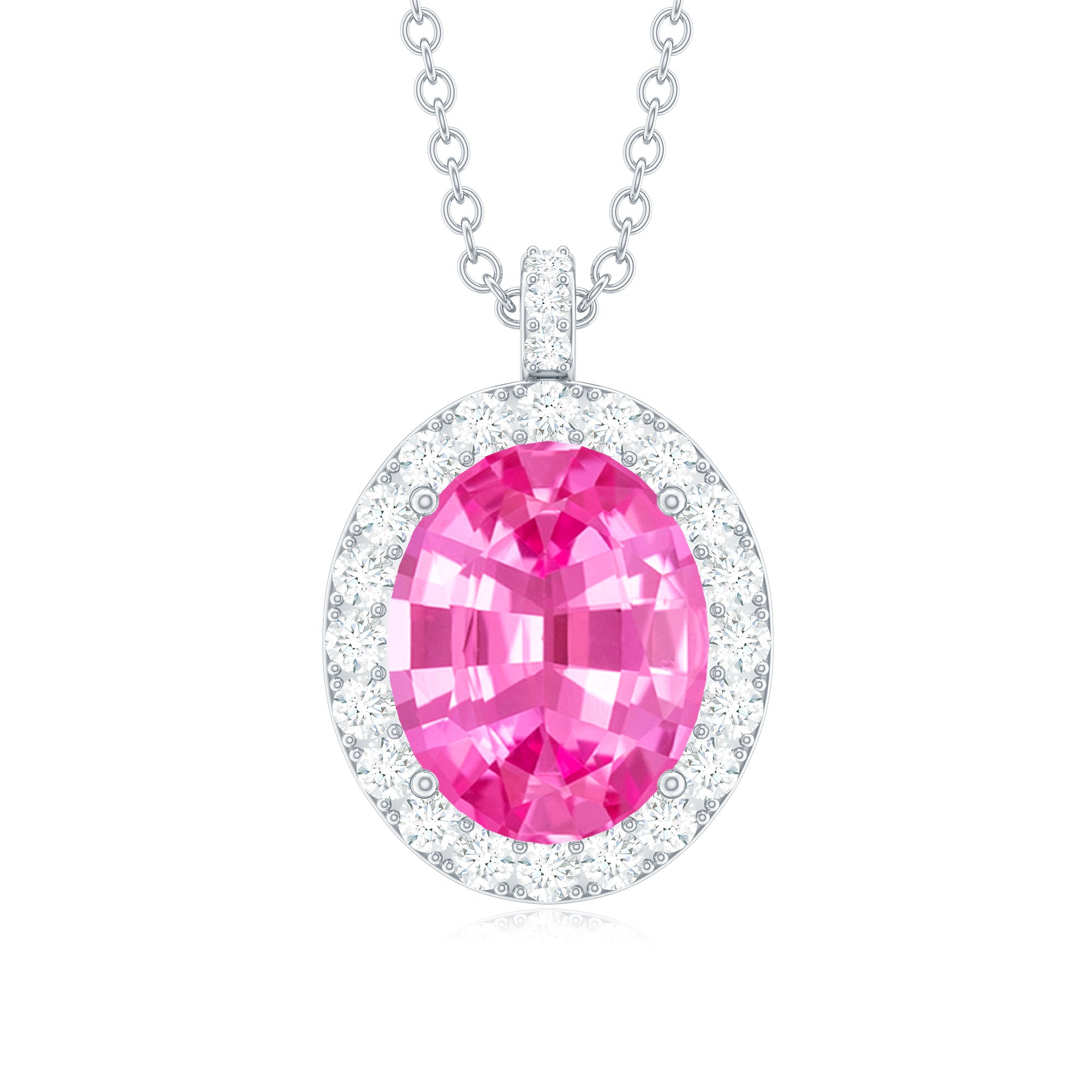 Oval Created Pink Sapphire Halo Pendant with Diamond Lab Created Pink Sapphire - ( AAAA ) - Quality - Rosec Jewels