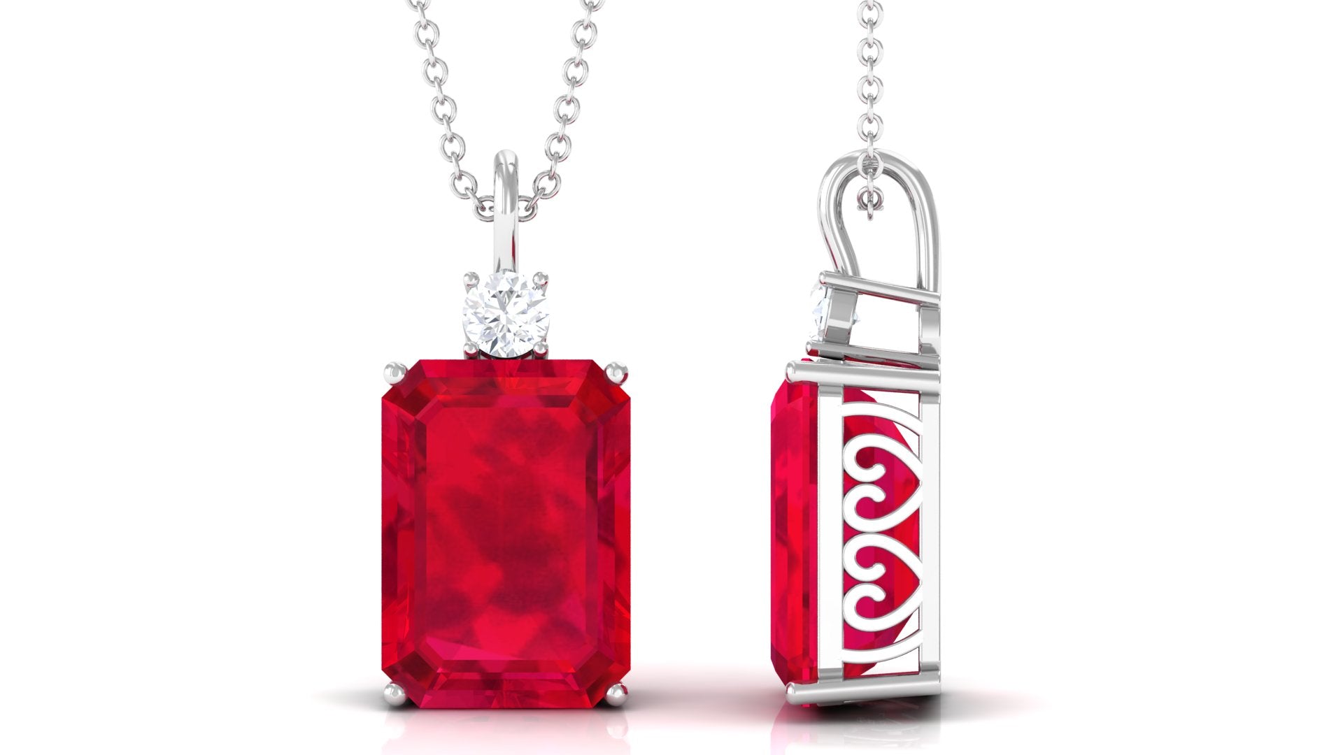 Octagon Cut Created Ruby Solitaire Pendant with Moissanite Lab Created Ruby - ( AAAA ) - Quality - Rosec Jewels