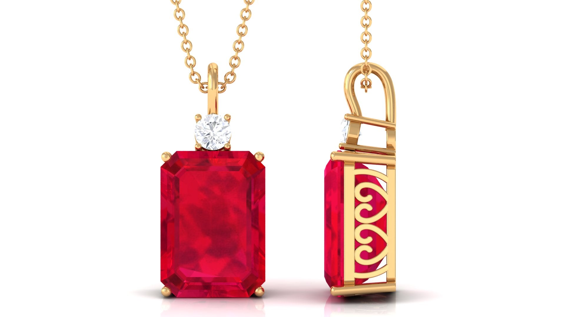 Octagon Cut Created Ruby Solitaire Pendant with Moissanite Lab Created Ruby - ( AAAA ) - Quality - Rosec Jewels