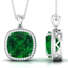 Cushion Cut Created Emerald and Moissanite Halo Pendant Necklace Lab Created Emerald - ( AAAA ) - Quality - Rosec Jewels