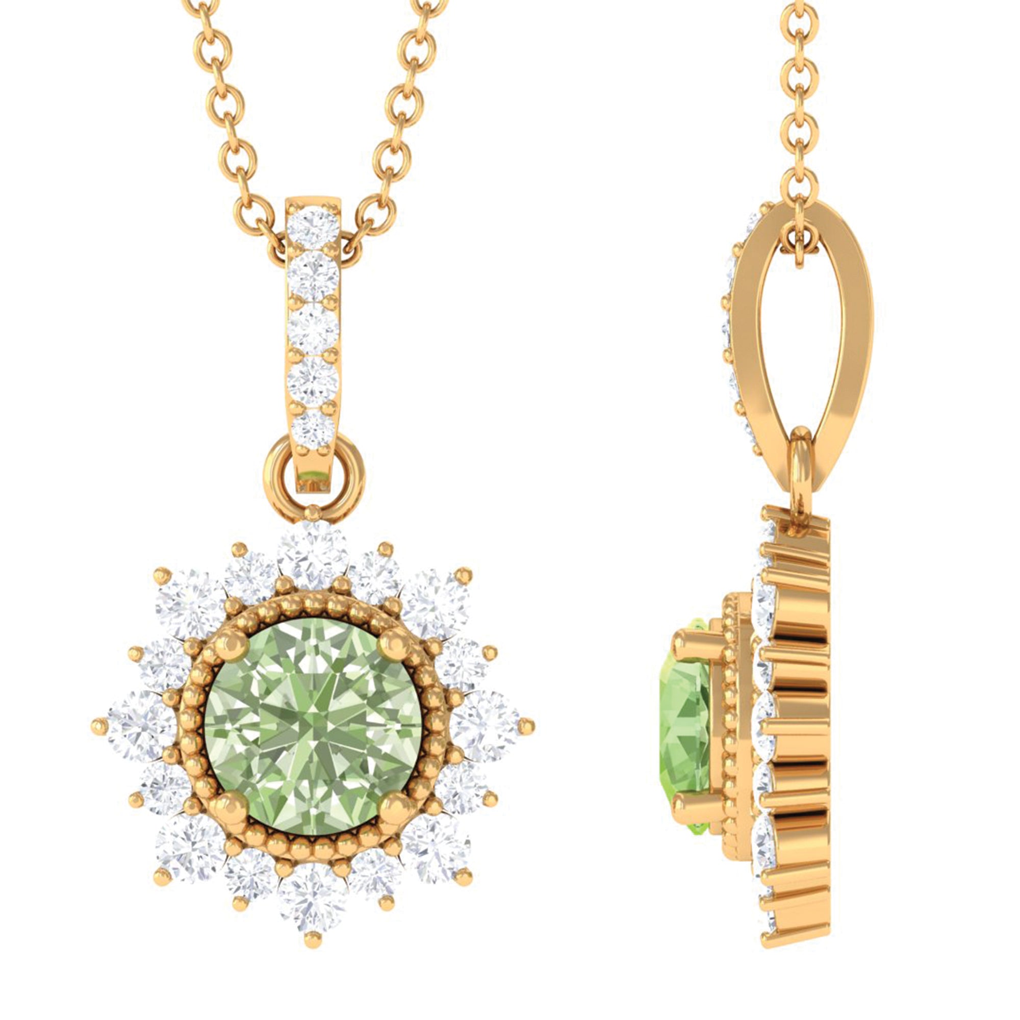 Green Sapphire and Diamond Halo Pendant Green Sapphire - ( AAA ) - Quality - Rosec Jewels