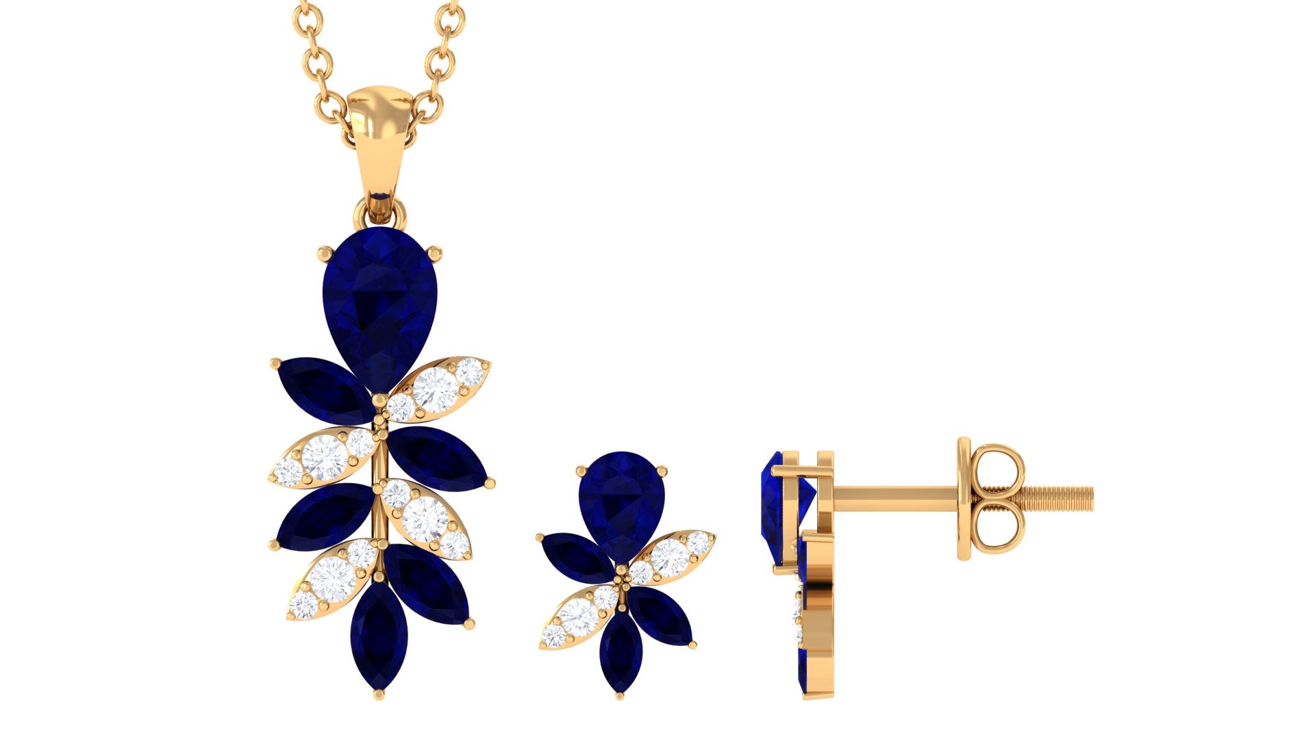 Nature Inspired Blue Sapphire and Diamond Dangle Pendant Earrings Blue Sapphire - ( AAA ) - Quality - Rosec Jewels