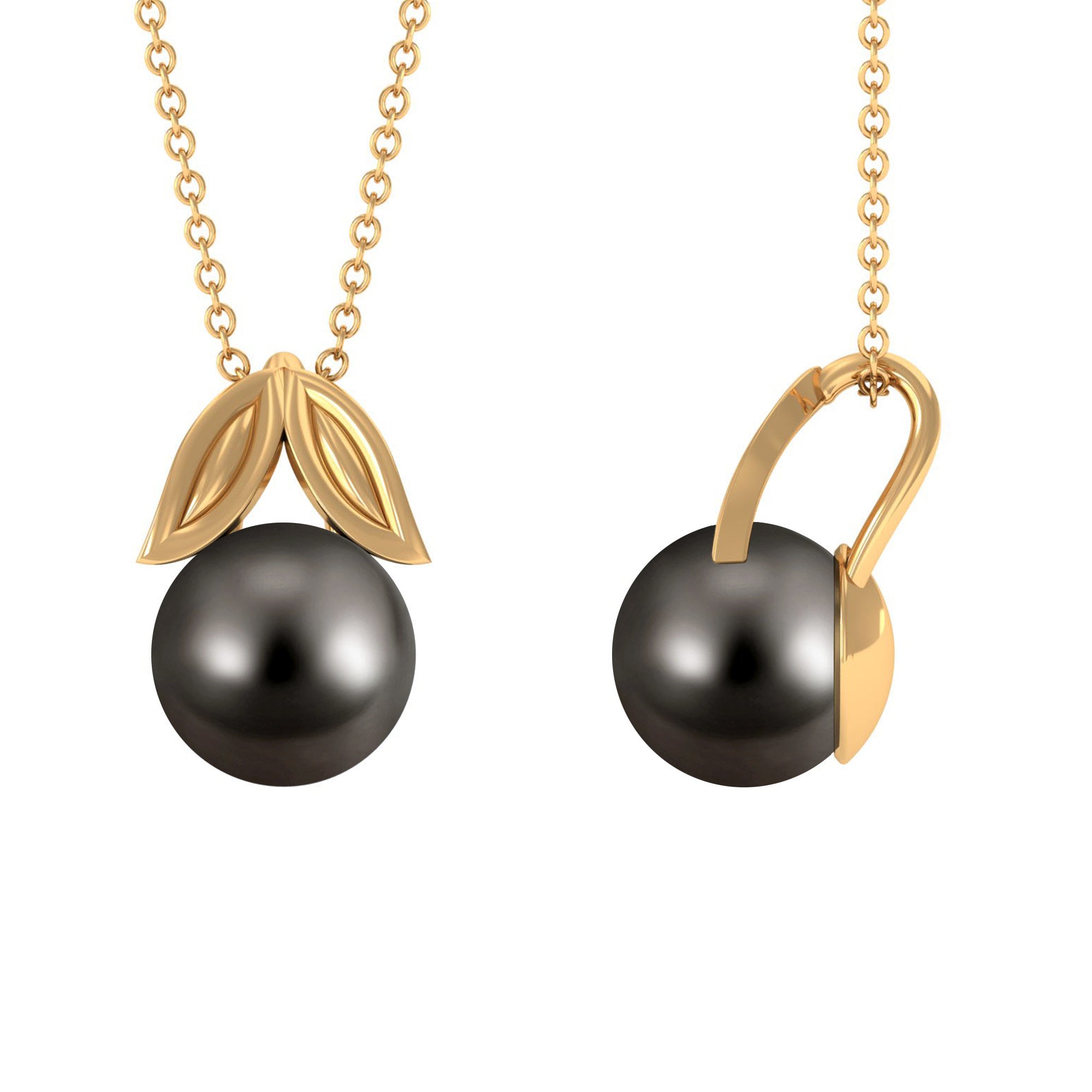 Black Tahitian Pearl Solitaire Pendant with Gold Leaf Tahitian pearl - ( AAA ) - Quality - Rosec Jewels