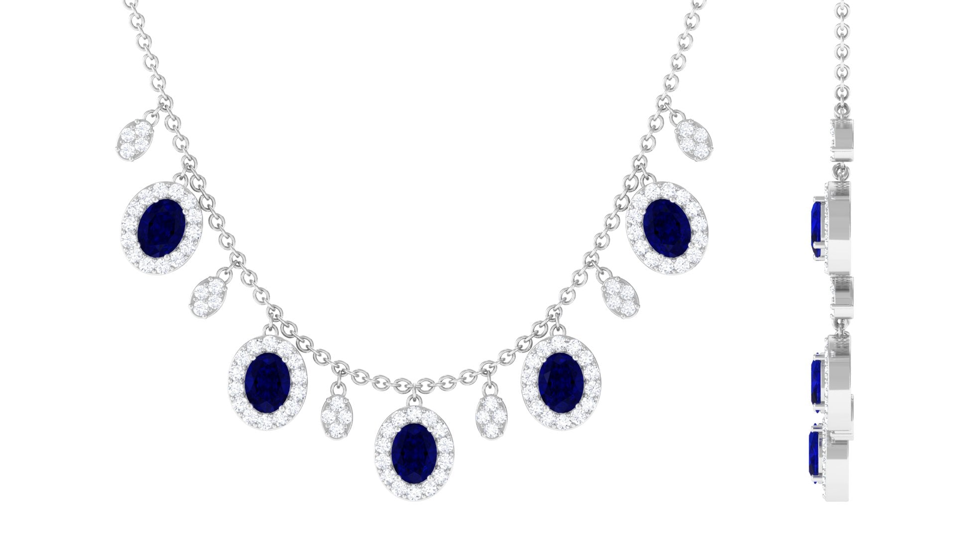 Rosec Jewels-Oval Cut Blue Sapphire and Diamond Bridal Station Chain Necklace