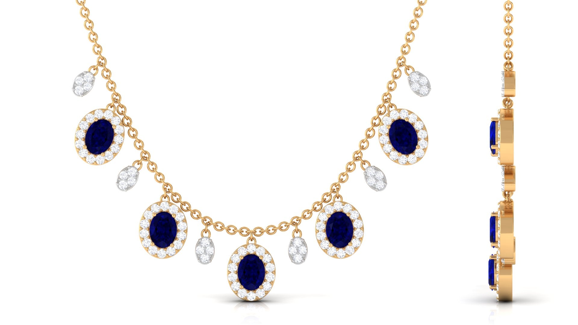 Rosec Jewels-Oval Cut Blue Sapphire and Diamond Bridal Station Chain Necklace