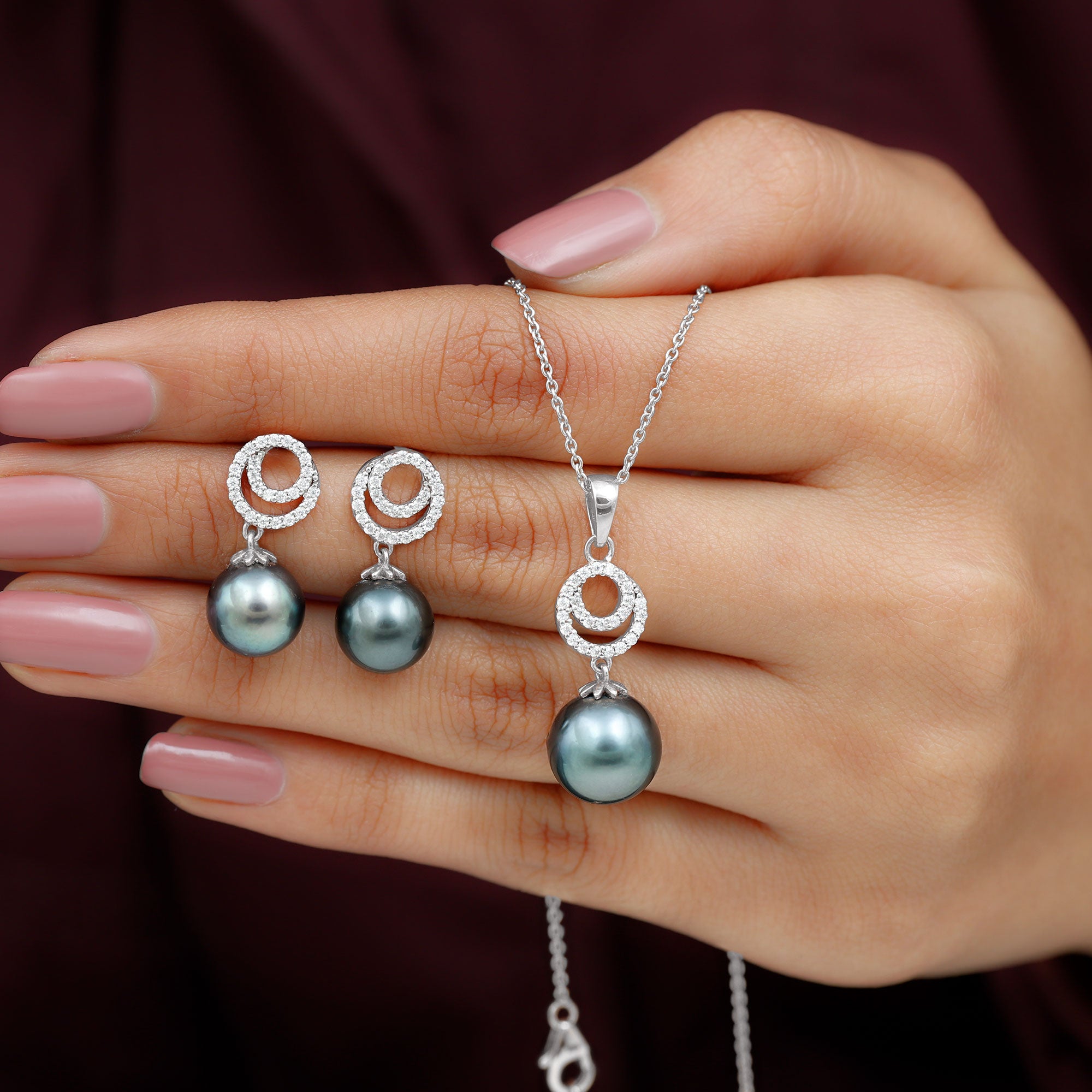 Tahitian Pearl Swirl Drop Jewelry Set with Moissanite Tahitian pearl - ( AAA ) - Quality - Rosec Jewels
