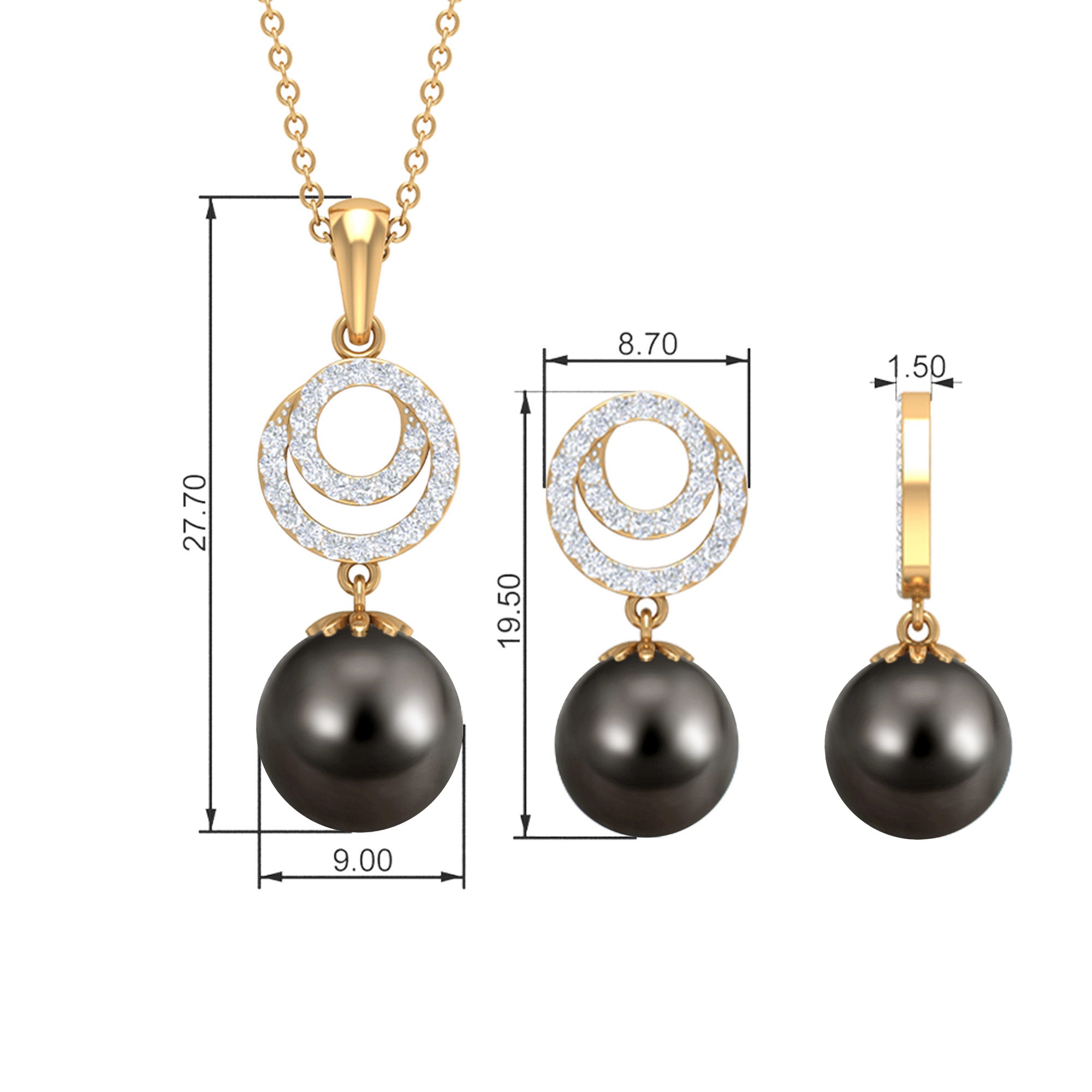 Tahitian Pearl Swirl Drop Jewelry Set with Moissanite Tahitian pearl - ( AAA ) - Quality - Rosec Jewels