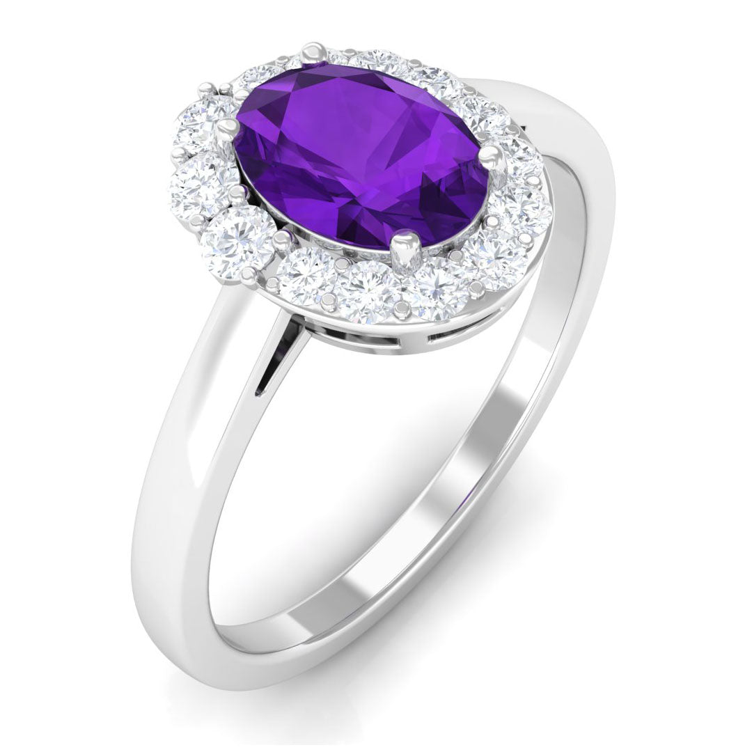 Oval Shape Amethyst and Diamond Classic Halo Engagement Ring Amethyst - ( AAA ) - Quality - Rosec Jewels