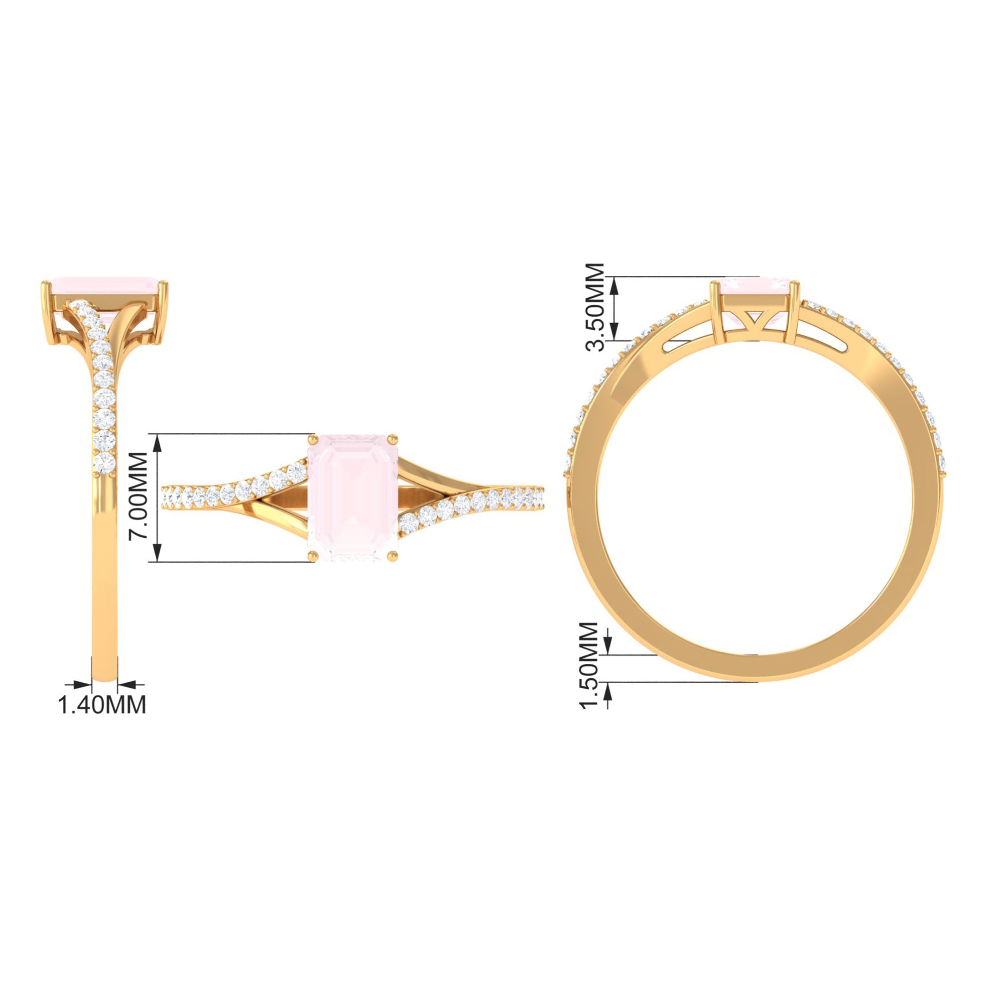 Split Shank Rose Quartz Solitaire Ring with Diamond Stones Rose Quartz - ( AAA ) - Quality - Rosec Jewels
