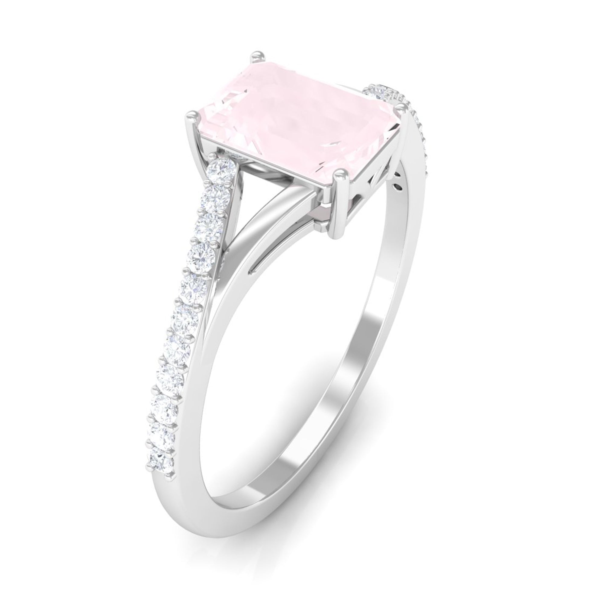 Split Shank Rose Quartz Solitaire Ring with Diamond Stones Rose Quartz - ( AAA ) - Quality - Rosec Jewels