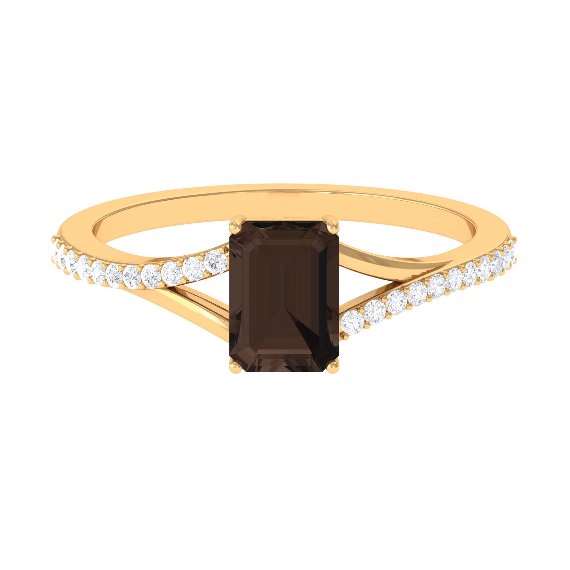 Octagon Cut Smoky Quartz Solitaire Split Shank Ring with Diamond Smoky Quartz - ( AAA ) - Quality - Rosec Jewels