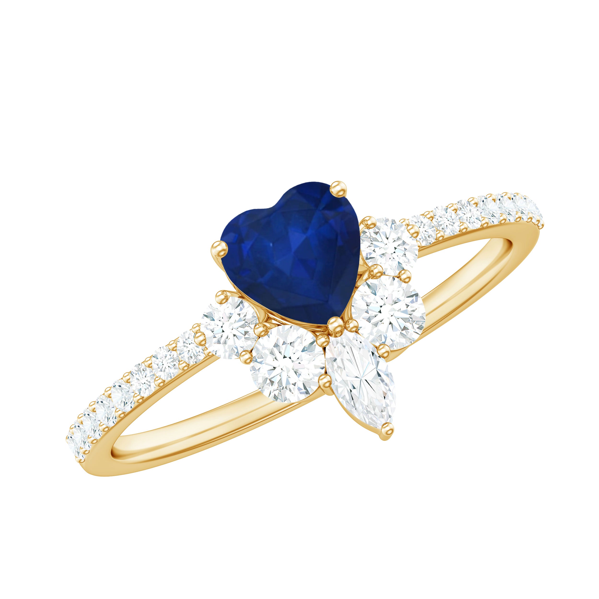 Heart Shaped Blue Sapphire Designer Ring with Diamond Half Halo Blue Sapphire - ( AAA ) - Quality - Rosec Jewels
