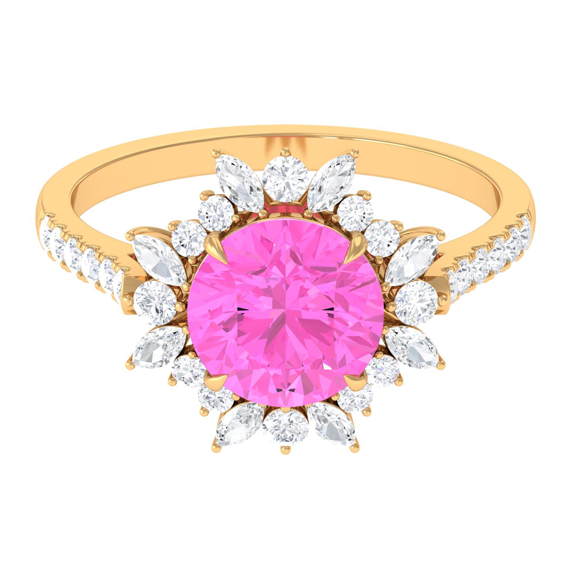 Created Pink Sapphire Cocktail Ring with Moissanite Floral Halo Lab Created Pink Sapphire - ( AAAA ) - Quality - Rosec Jewels