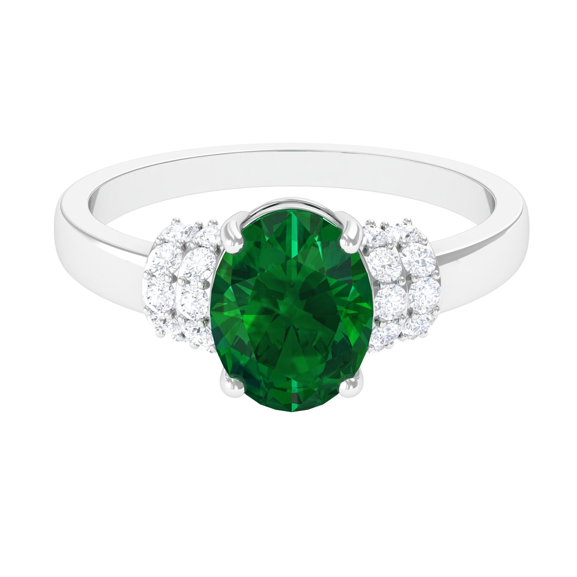 Oval Created Emerald Engagement Ring with Diamond Collar Lab Created Emerald - ( AAAA ) - Quality - Rosec Jewels
