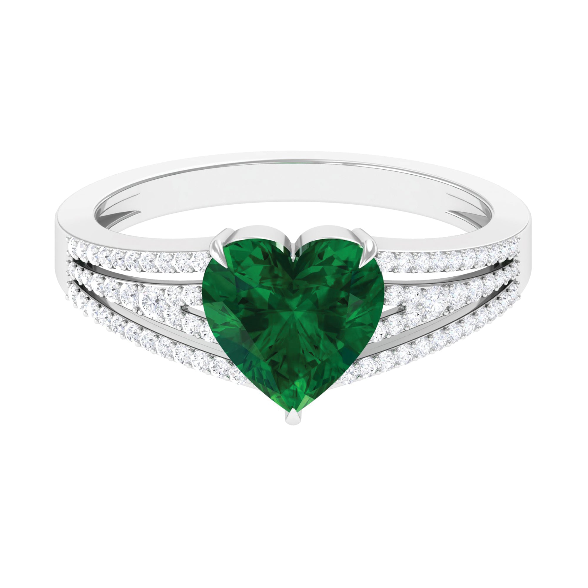 Created Emerald Heart Engagement Ring with Diamond Lab Created Emerald - ( AAAA ) - Quality - Rosec Jewels