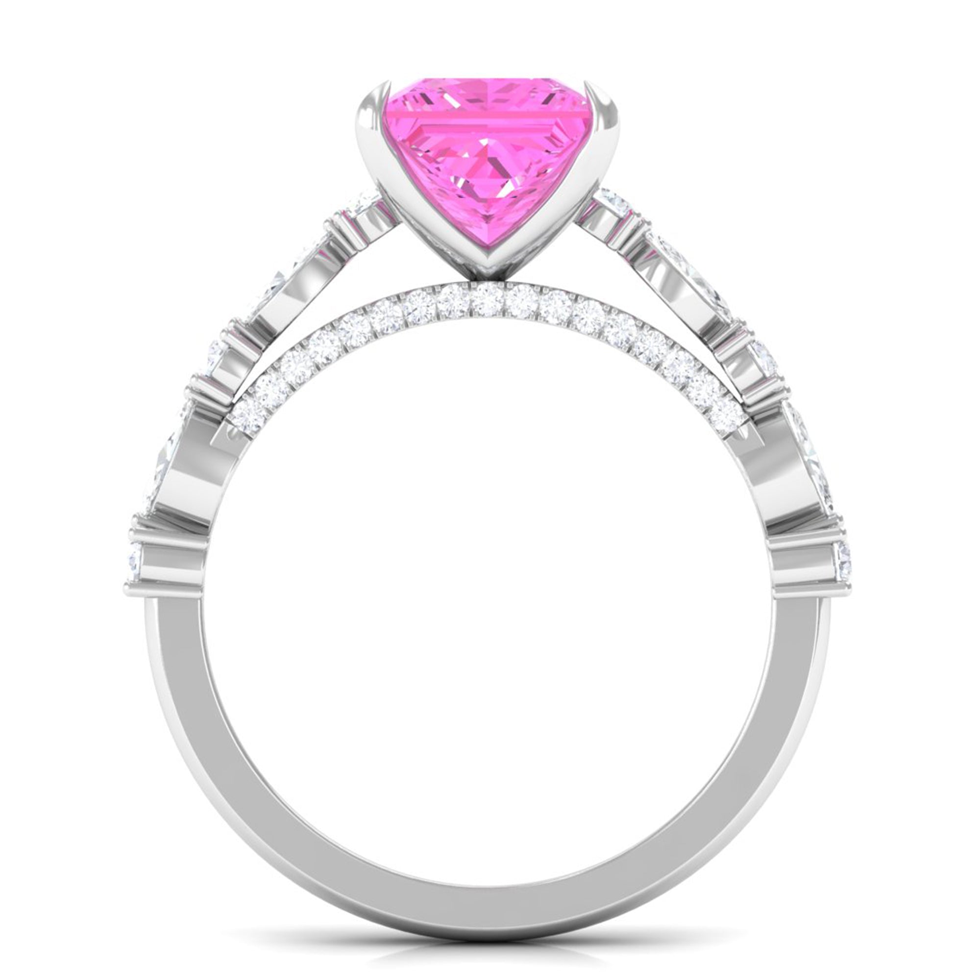 Princess Cut Lab Grown Pink Sapphire Engagement Ring with Moissanite Lab Created Pink Sapphire - ( AAAA ) - Quality - Rosec Jewels
