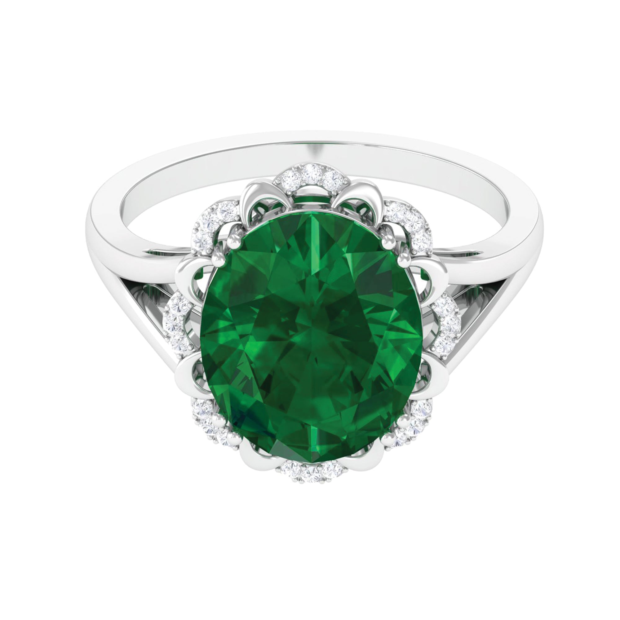 Oval Lab Created Emerald Solitaire Engagement Ring with Diamond Lab Created Emerald - ( AAAA ) - Quality - Rosec Jewels