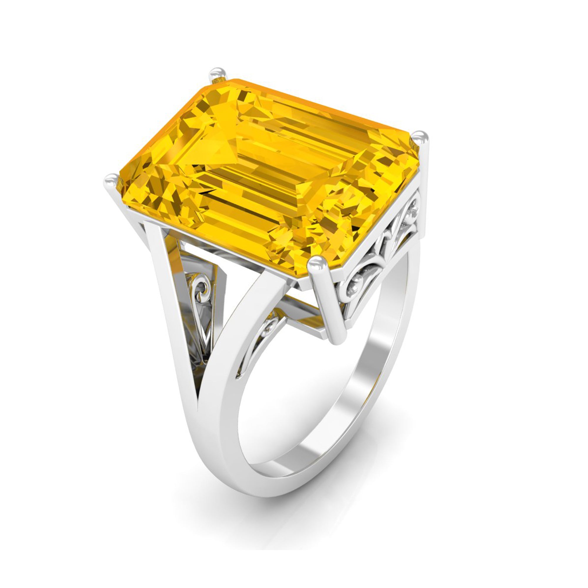 Solitaire Created Yellow Sapphire Split Shank Engagement Ring Lab Created Yellow Sapphire - ( AAAA ) - Quality - Rosec Jewels