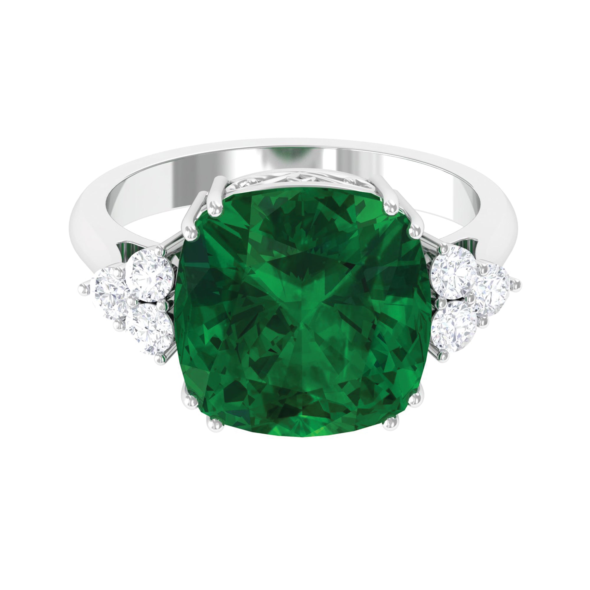 Cushion Cut Created Emerald Engagement Ring with Diamond Trio Lab Created Emerald - ( AAAA ) - Quality - Rosec Jewels