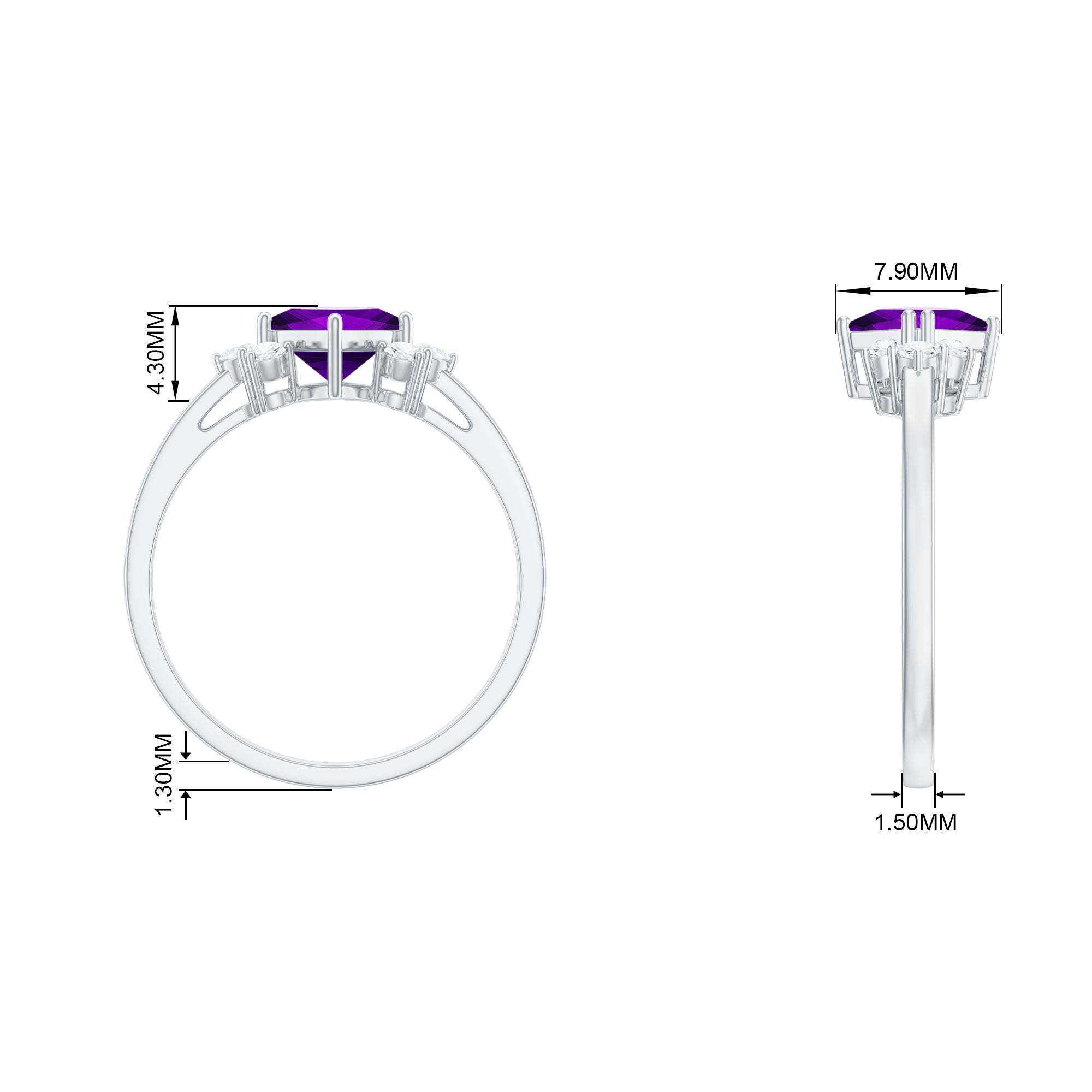 Princess Cut Amethyst Promise Ring with Diamond Trio Amethyst - ( AAA ) - Quality - Rosec Jewels