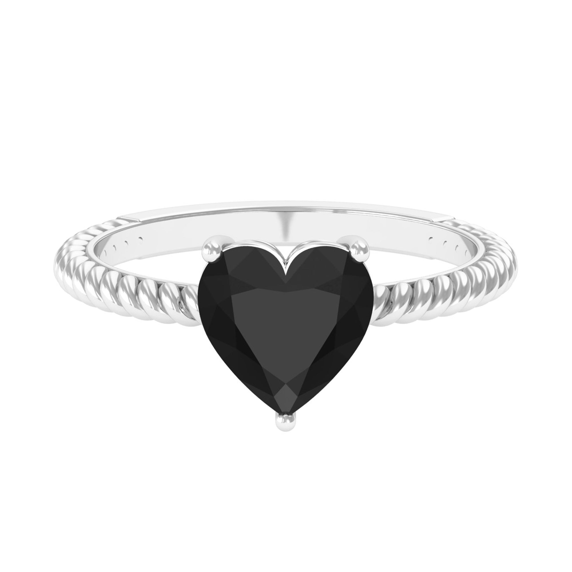 8 MM Heart Shape Created Black Diamond Solitaire Gold Rope Ring Lab Created Black Diamond - ( AAAA ) - Quality - Rosec Jewels