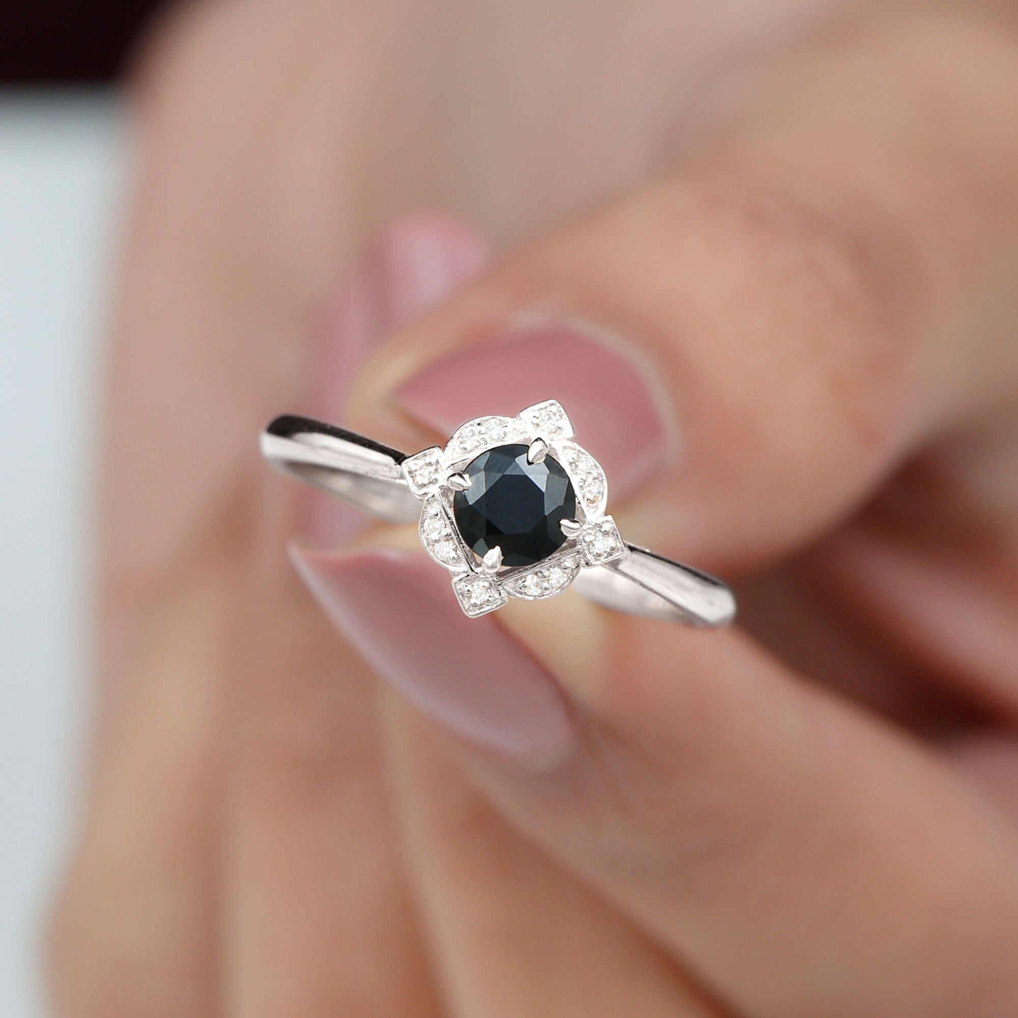 Vintage Inspired Black and White Diamond Engagement Ring Black Diamond - ( AAA ) - Quality - Rosec Jewels