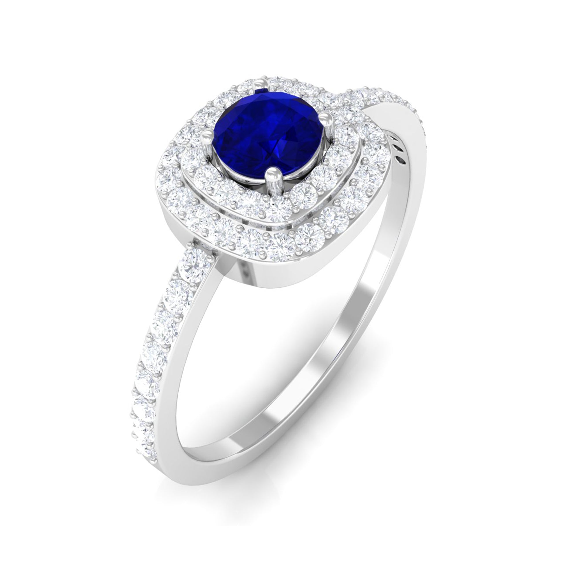 3/4 CT Classic Blue Sapphire Double Halo Engagement Ring with Diamond Blue Sapphire - ( AAA ) - Quality - Rosec Jewels