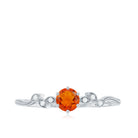 Round Fire Opal Minimal Leaf Promise Ring with Diamond in Gold Fire Opal - ( AAA ) - Quality - Rosec Jewels
