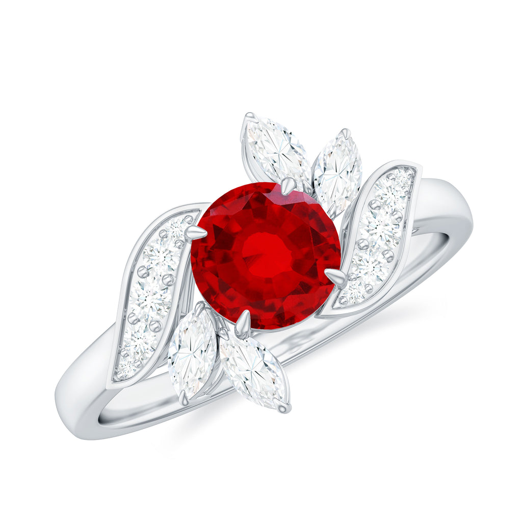 2 CT Created Ruby Flower Engagement Ring with Diamond Lab Created Ruby - ( AAAA ) - Quality - Rosec Jewels