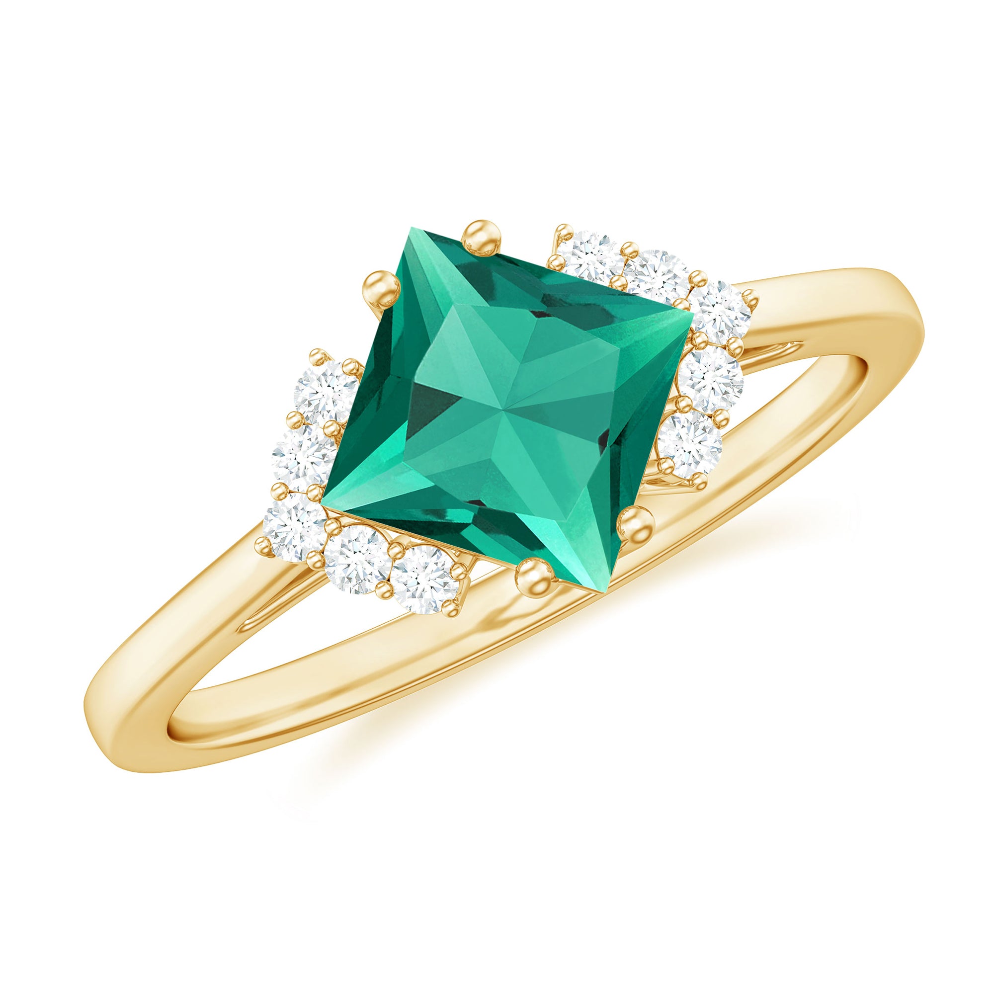 Princess Cut Created Emerald Engagement Ring with Diamond Accent Lab Created Emerald - ( AAAA ) - Quality - Rosec Jewels