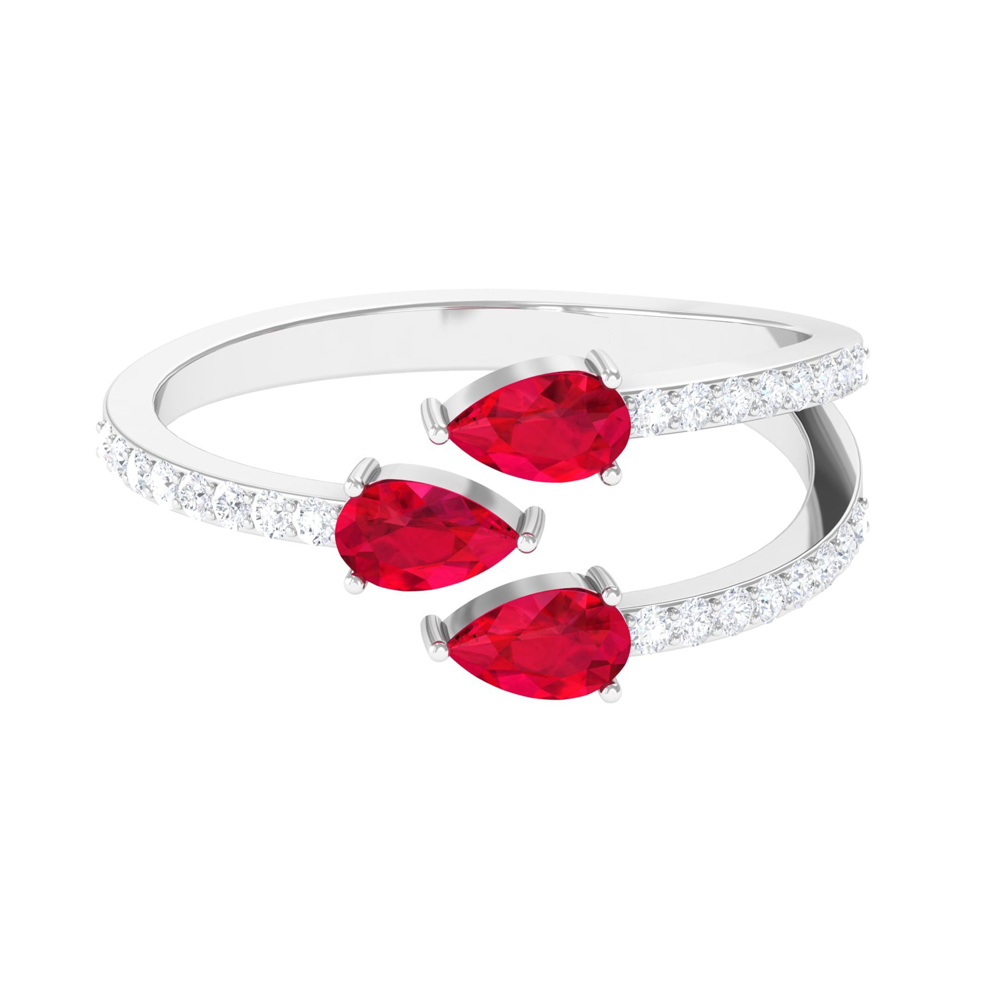 3 Stone Pear Shape Created Ruby Wrap Ring with Diamond Lab Created Ruby - ( AAAA ) - Quality - Rosec Jewels