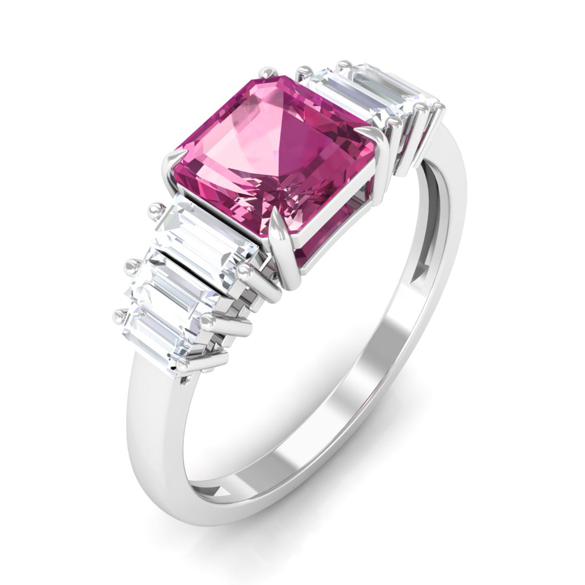Asscher Cut Pink Tourmaline Engagement Ring with Moissanite Pink Tourmaline - ( AAA ) - Quality - Rosec Jewels