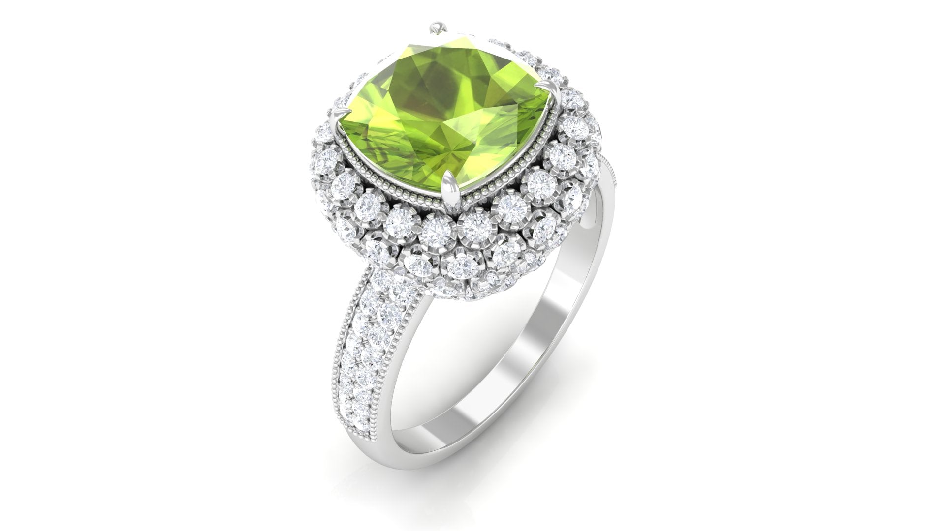 Cushion Cut Peridot Statement Engagement Ring with Moissanite Peridot - ( AAA ) - Quality - Rosec Jewels
