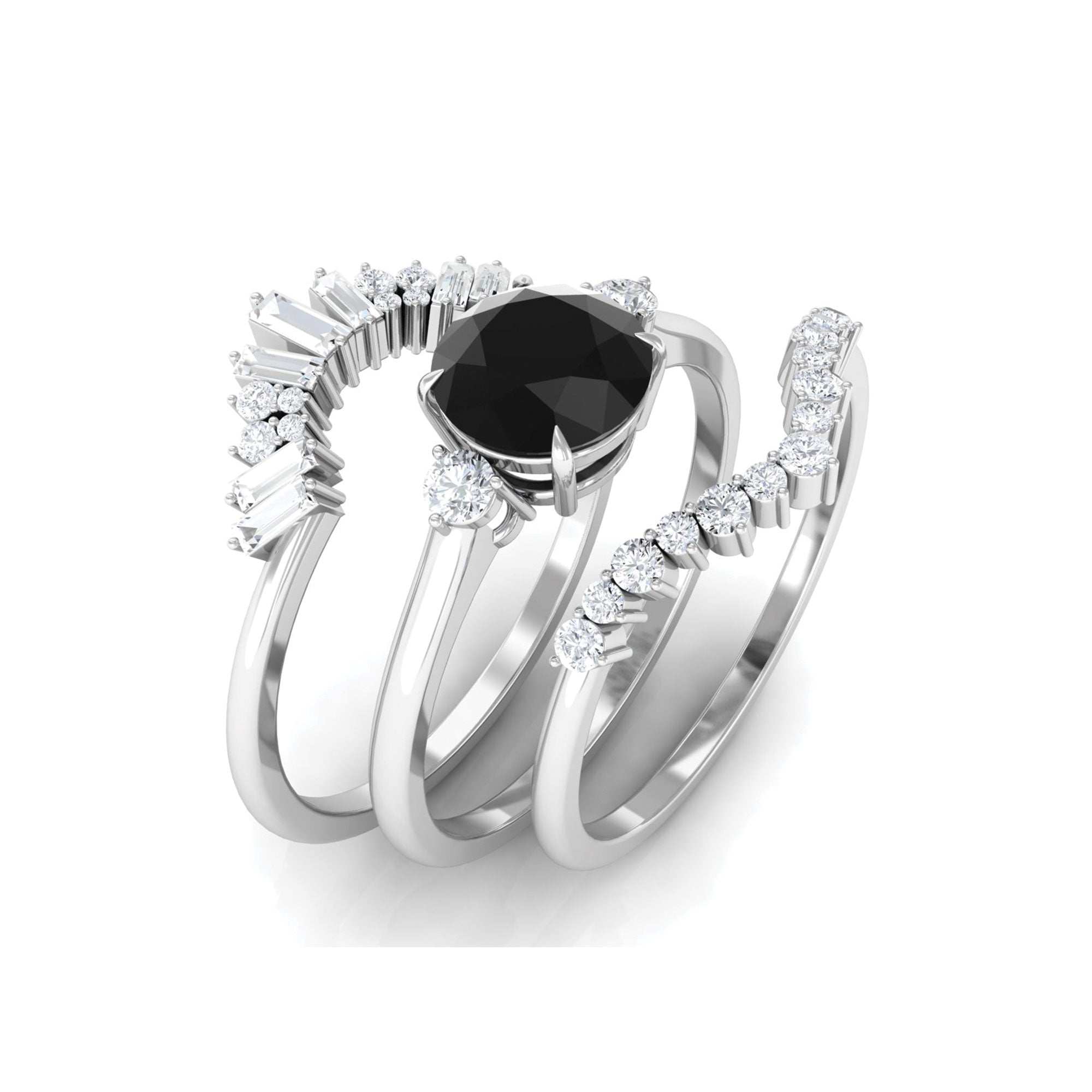 Round Black Onyx Designer Trio Wedding Ring Set with Moissanite Black Onyx - ( AAA ) - Quality - Rosec Jewels