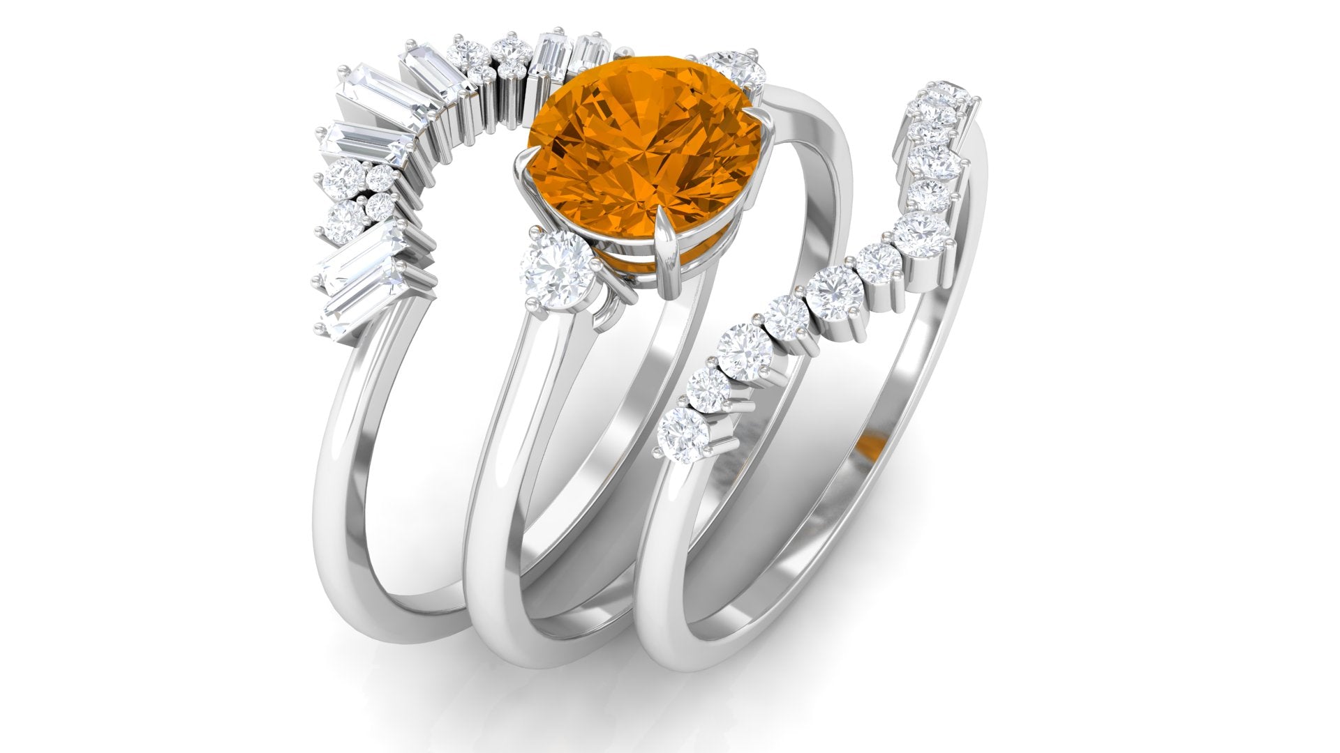 Round Citrine Designer Trio Wedding Ring Set with Moissanite Citrine - ( AAA ) - Quality - Rosec Jewels