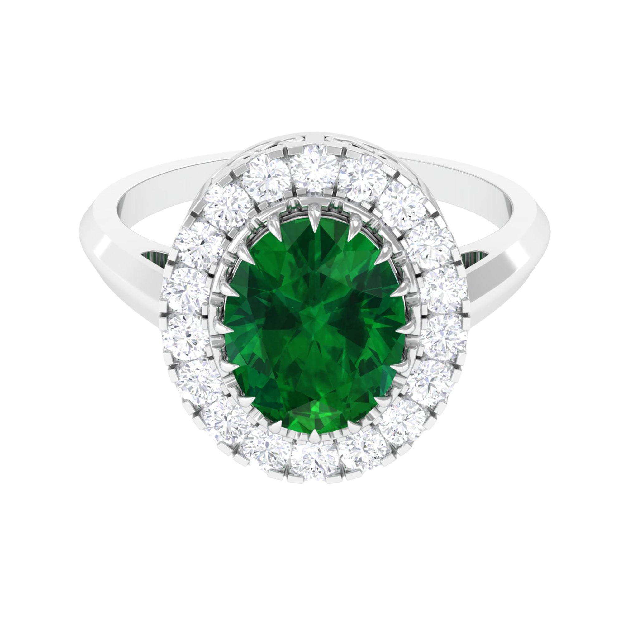 Vintage Style Lab Grown Emerald and Moissanite Halo Engagement Ring Lab Created Emerald - ( AAAA ) - Quality - Rosec Jewels