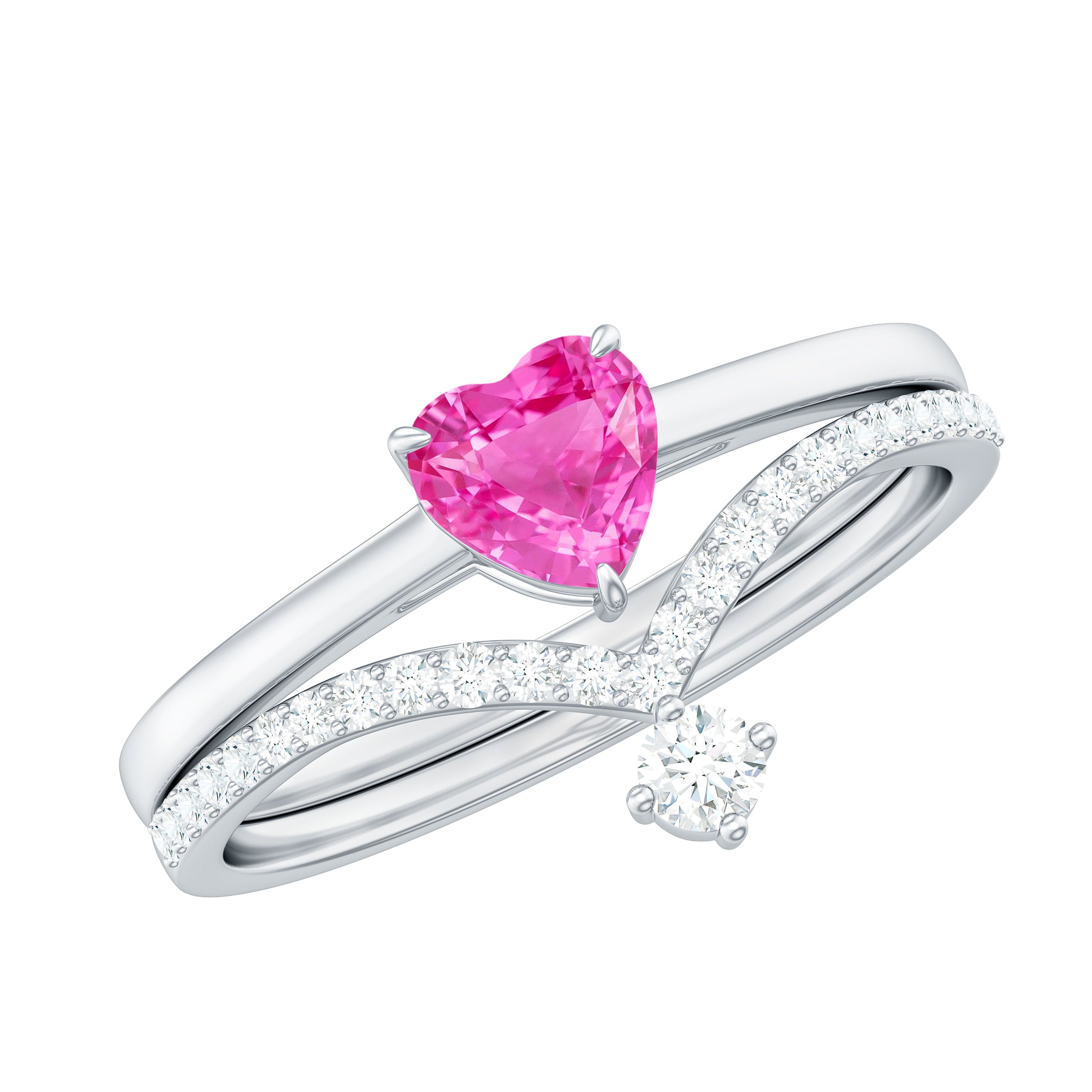 Lab-Created Pink Sapphire Heart Solitaire Ring Set with Diamond Lab Created Pink Sapphire - ( AAAA ) - Quality - Rosec Jewels
