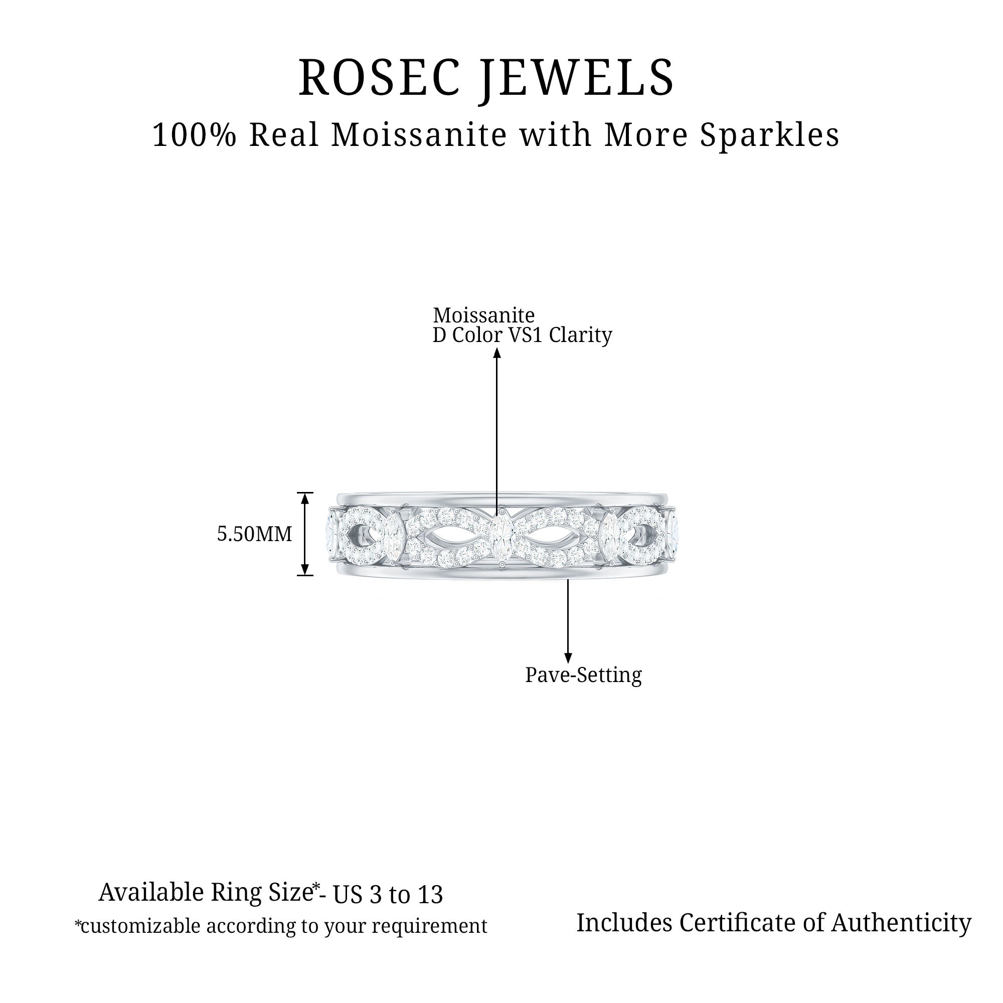 1/2 CT Certified Moissanite Infinity Wedding Band Ring in Gold Moissanite - ( D-VS1 ) - Color and Clarity - Rosec Jewels
