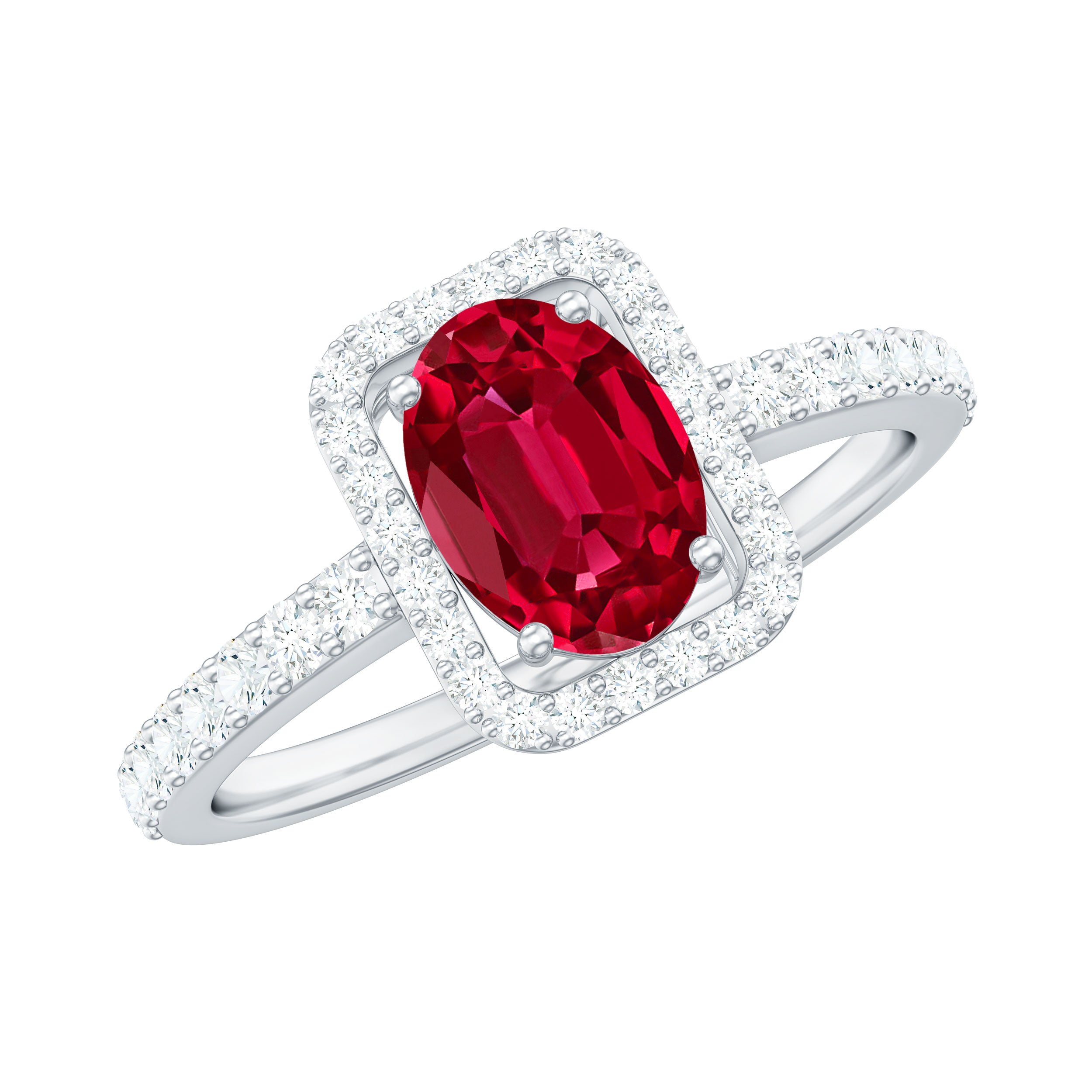1.50 CT Oval Cut Created Ruby Engagement Ring with Diamond Halo Lab Created Ruby - ( AAAA ) - Quality - Rosec Jewels