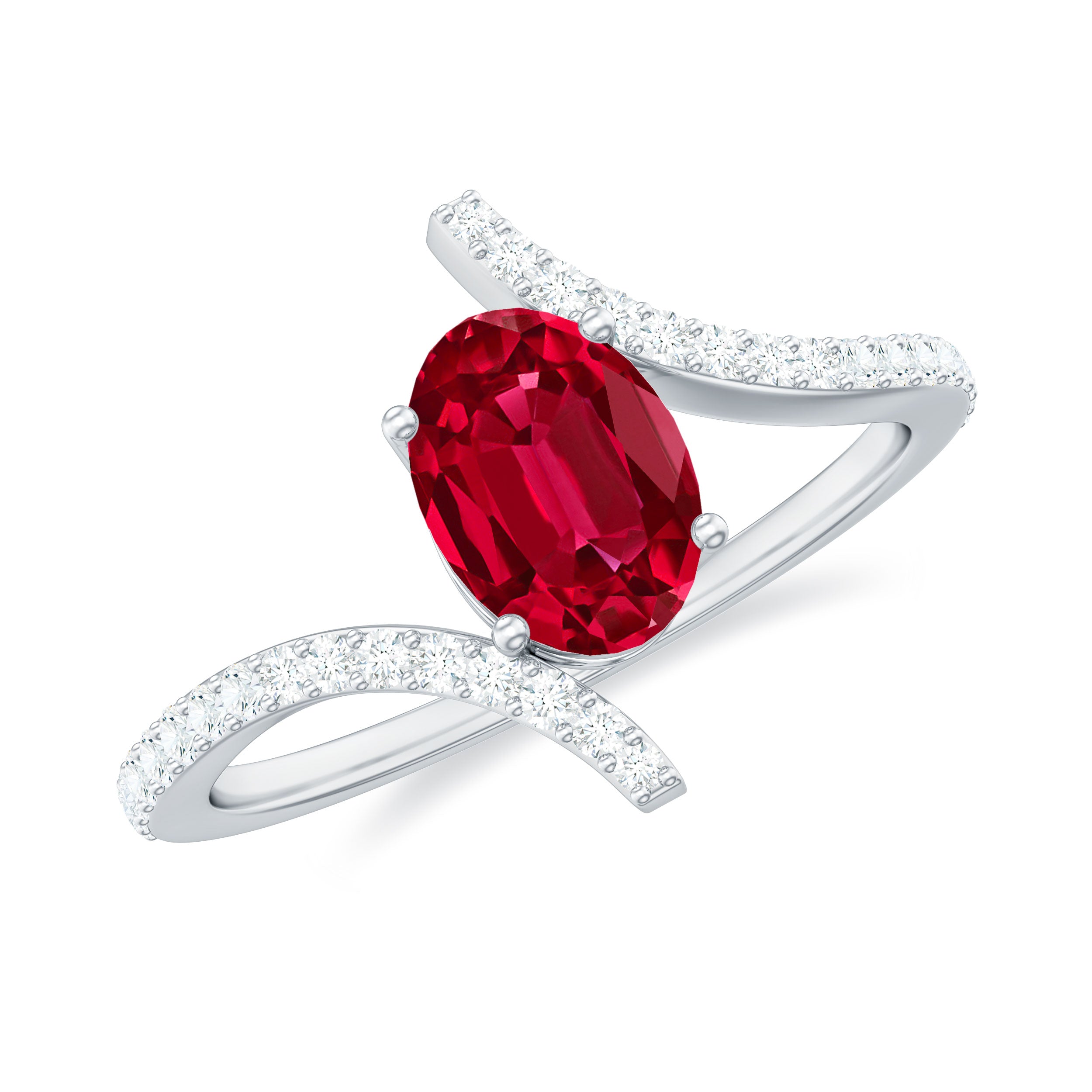 1.50 CT Oval Created Ruby Solitaire Bypass Ring with Diamond Lab Created Ruby - ( AAAA ) - Quality - Rosec Jewels