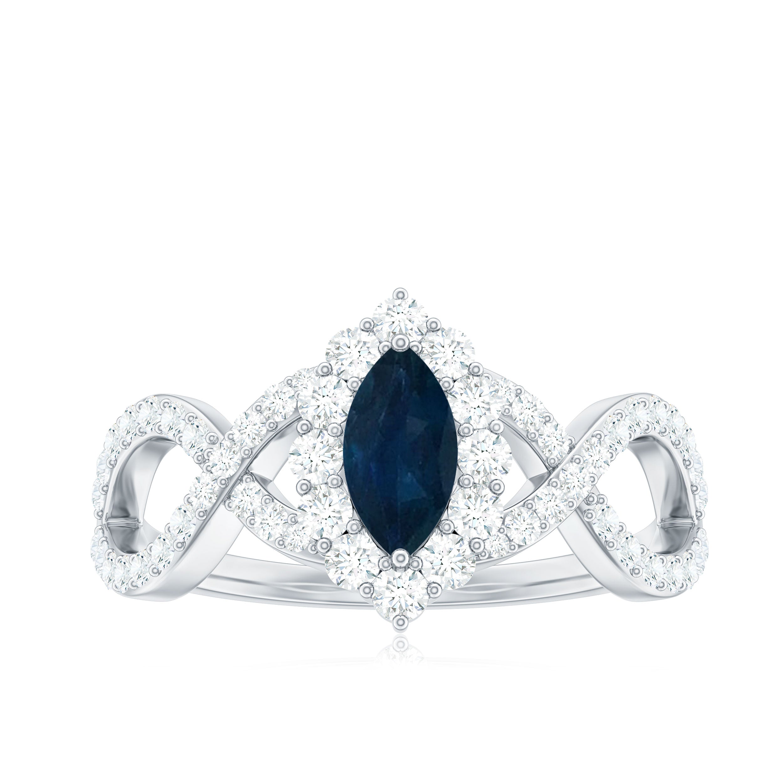 Marquise Blue Sapphire Crossover Engagement Ring with Diamond Halo Blue Sapphire - ( AAA ) - Quality - Rosec Jewels