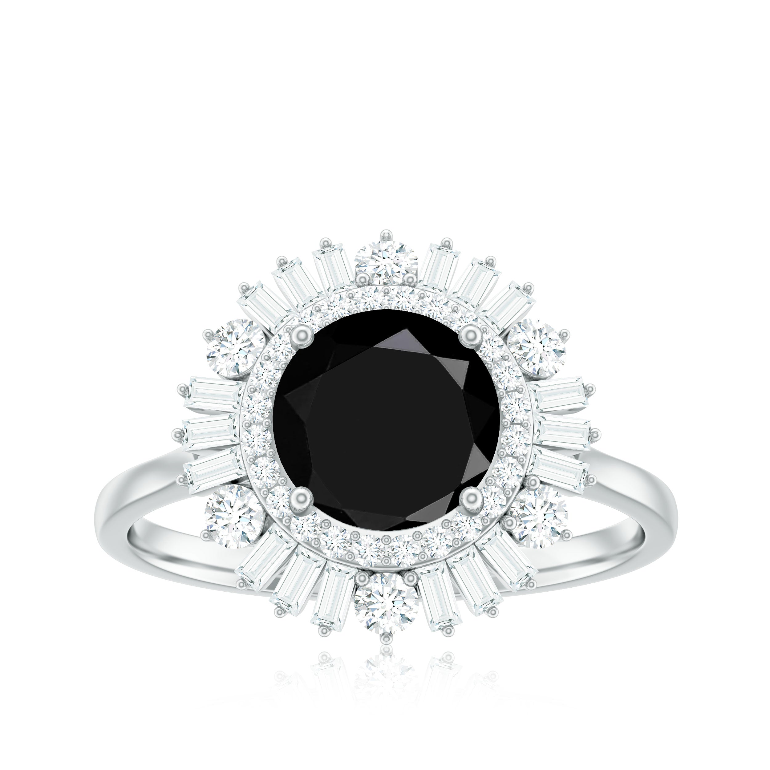 Black Onyx Cocktail Engagement Ring with Moissanite Double Halo Black Onyx - ( AAA ) - Quality - Rosec Jewels